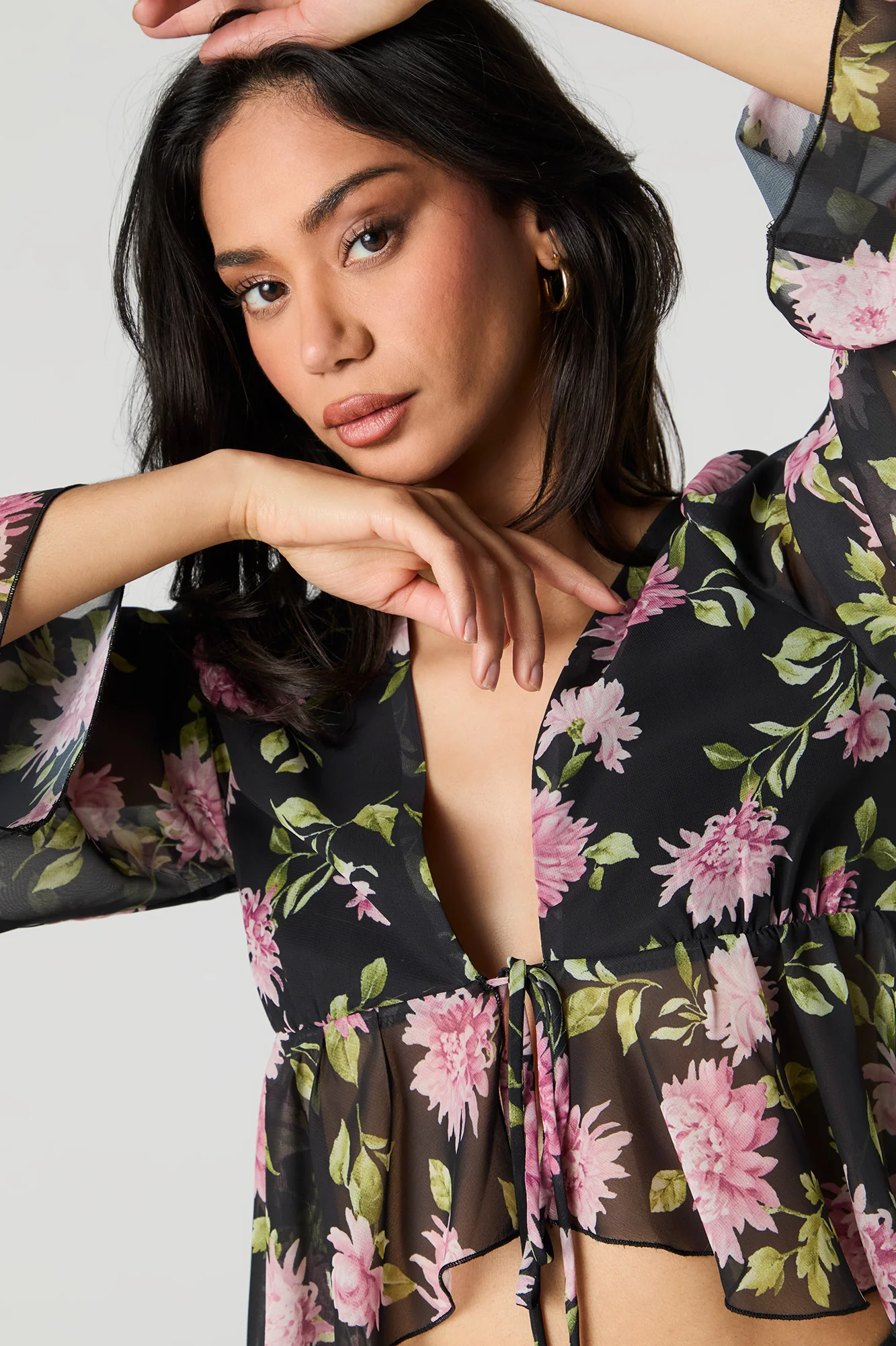 Floral Chiffon Tie Front Long Sleeve Flowy Top