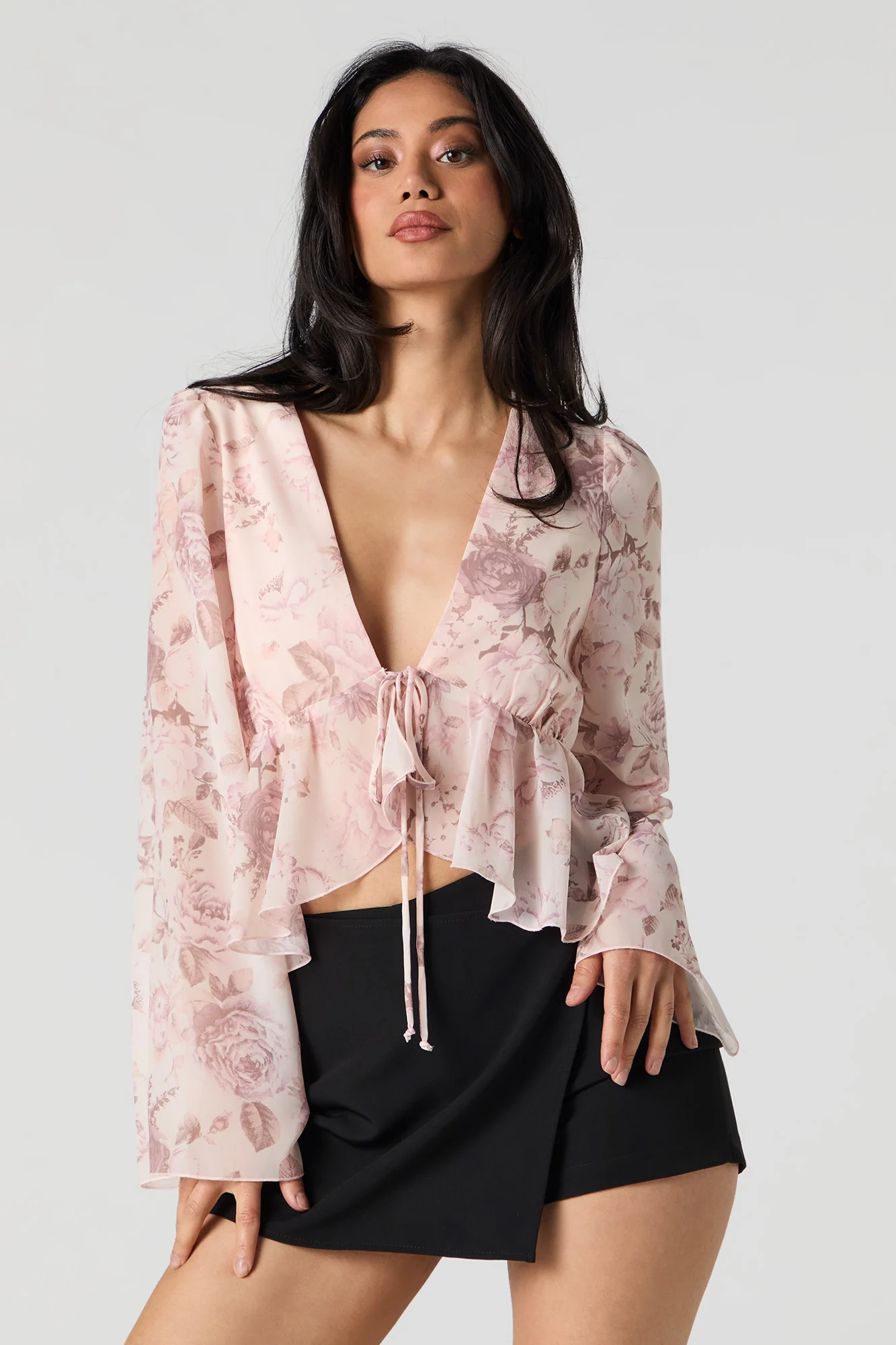 Floral Chiffon Tie Front Long Sleeve Flowy Top - Image 5