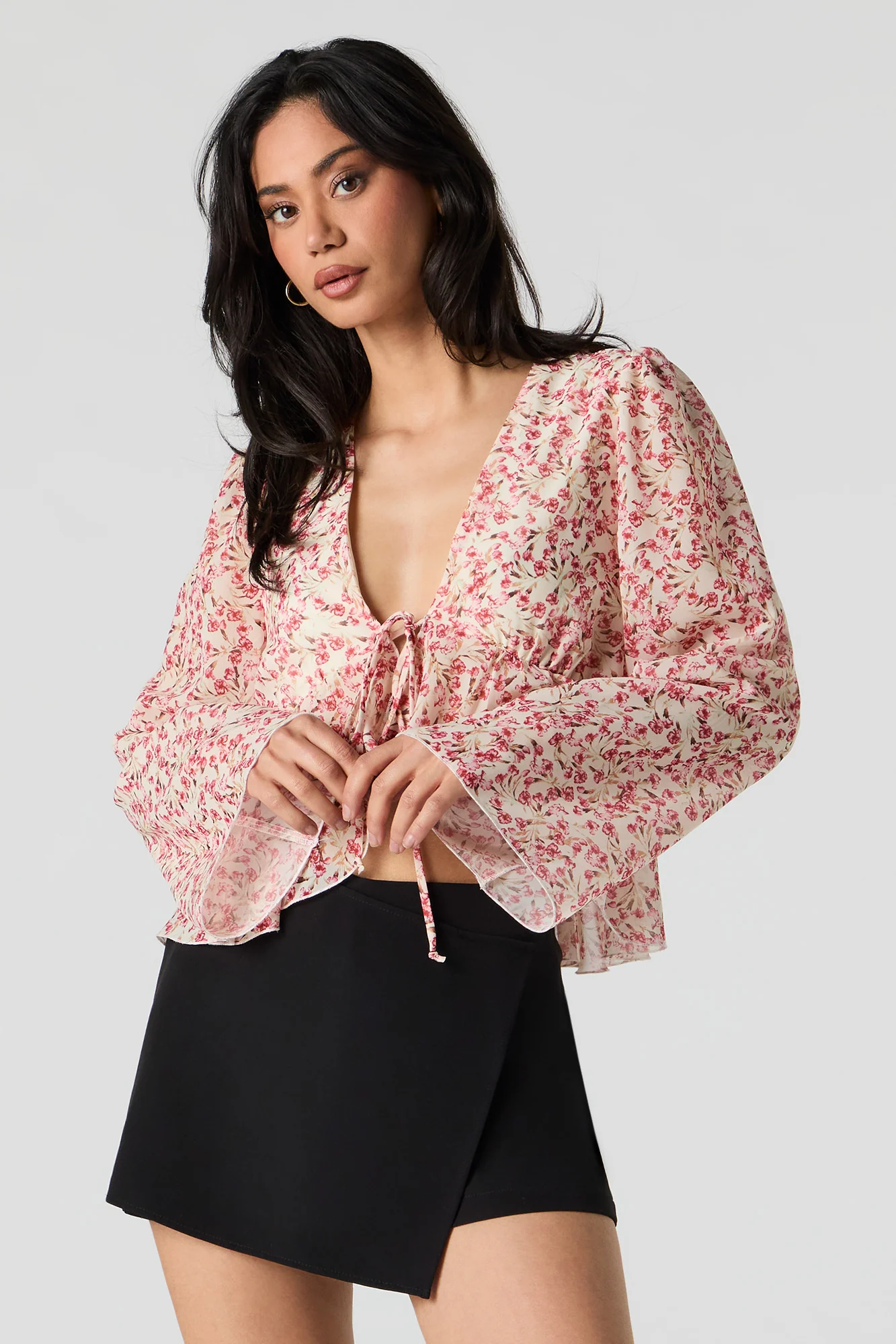 Floral Chiffon Tie Front Long Sleeve Flowy Top - Image 8