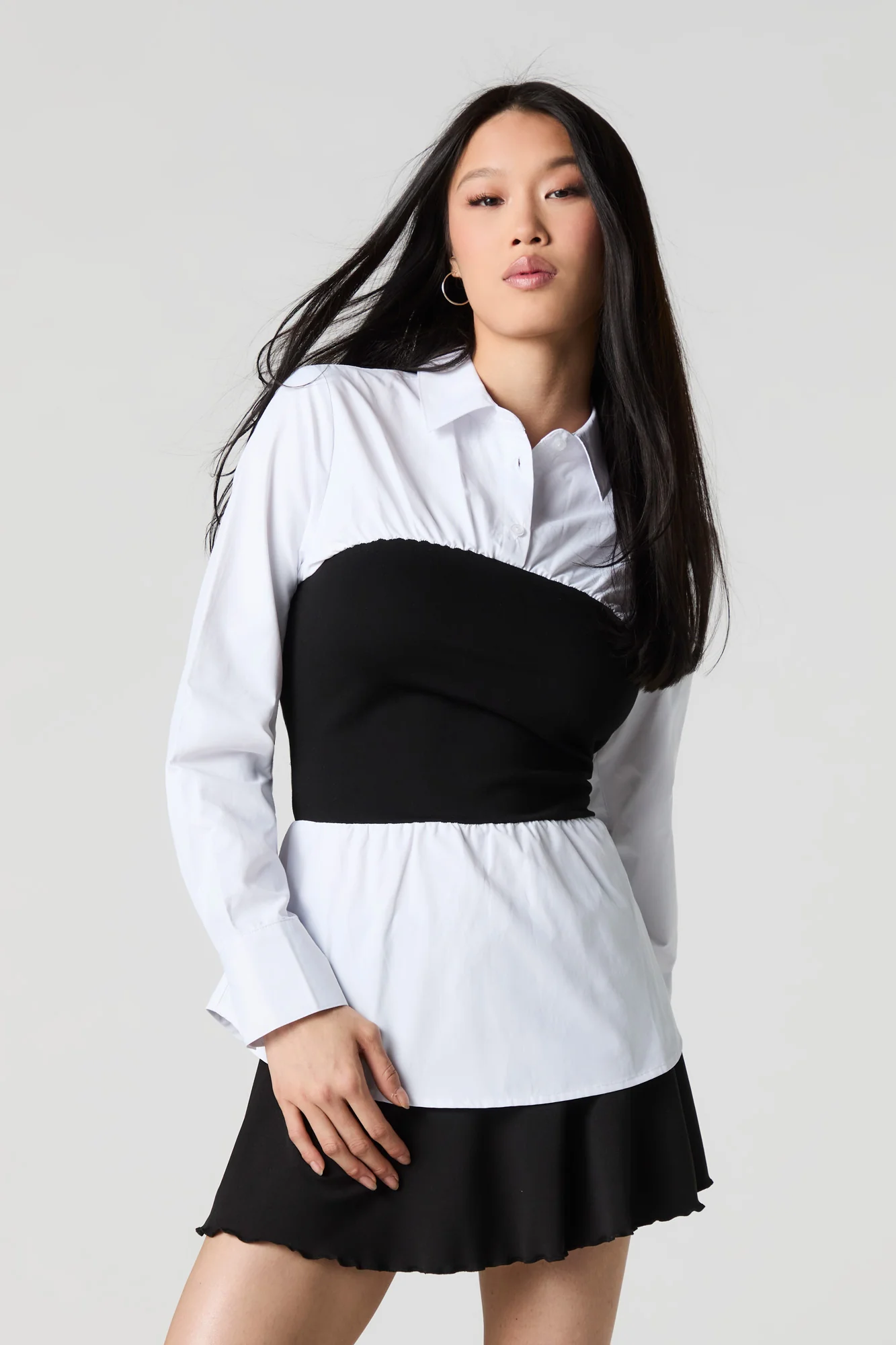 Two Tone Long Contrast Button-Up Top