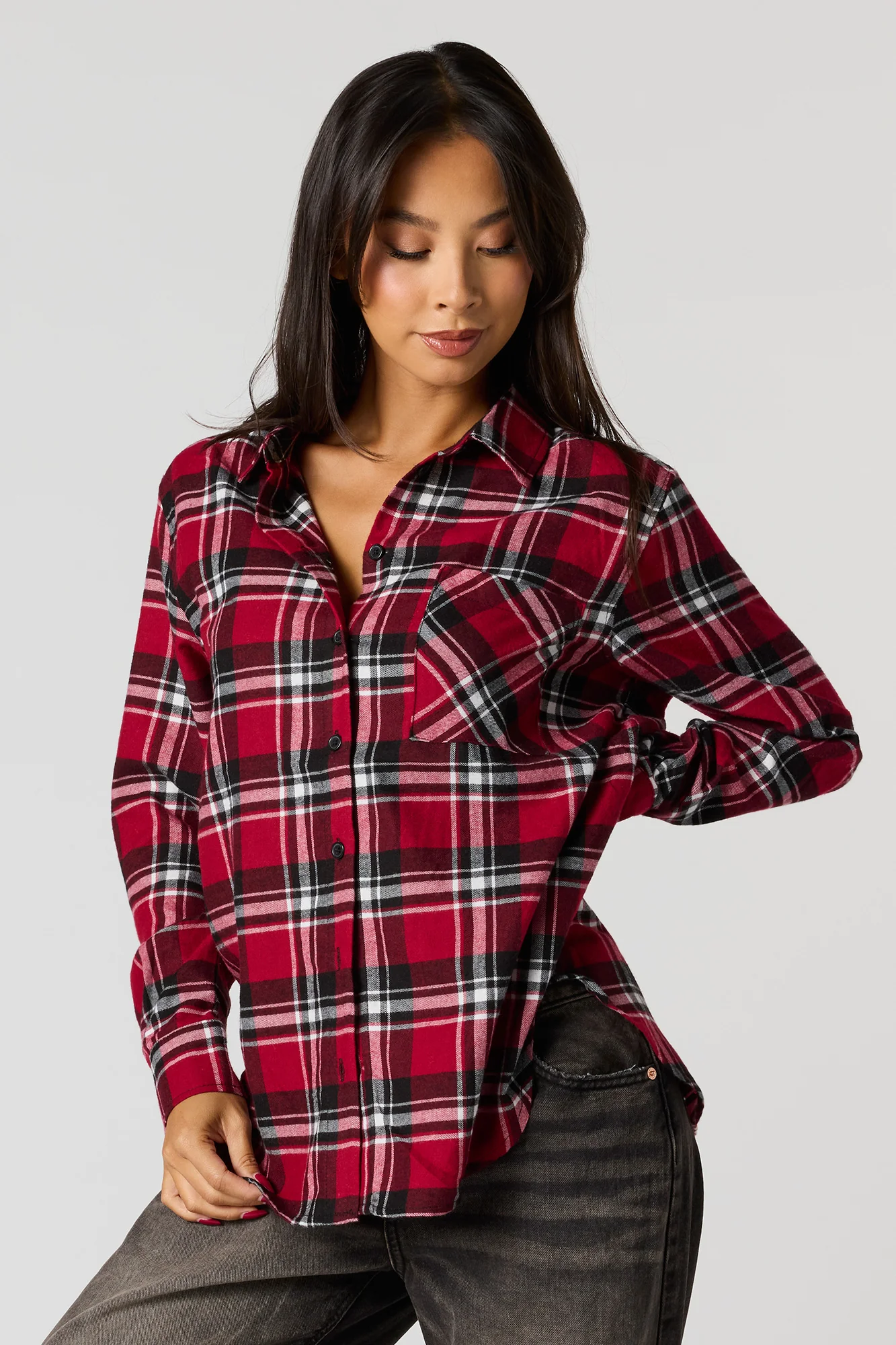 Embroidered Flannel Button-Up Top - Image 2
