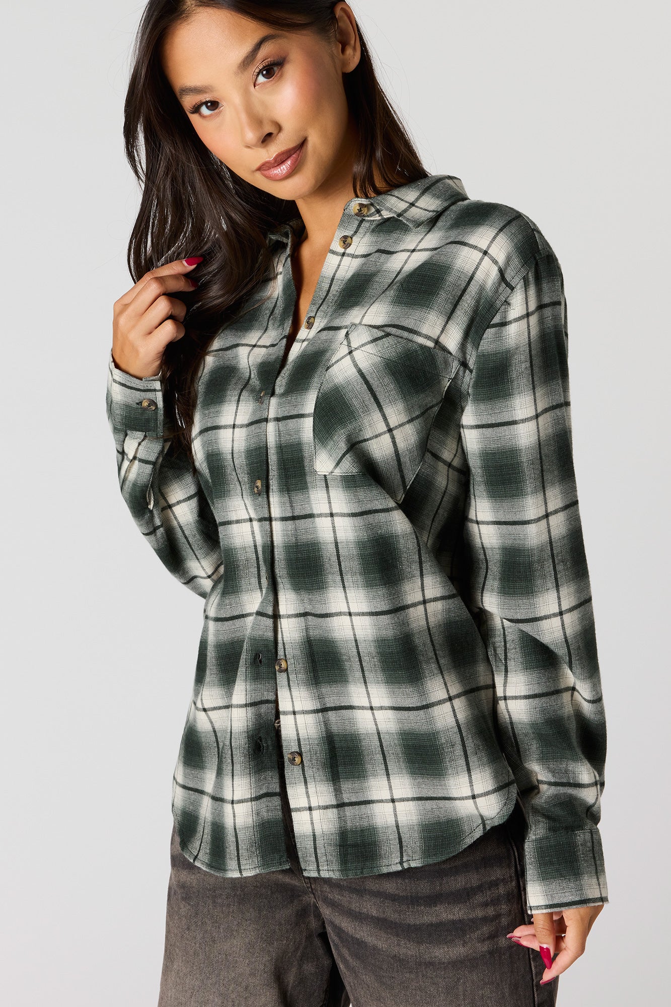 Embroidered Flannel Button-Up Top - Image 5