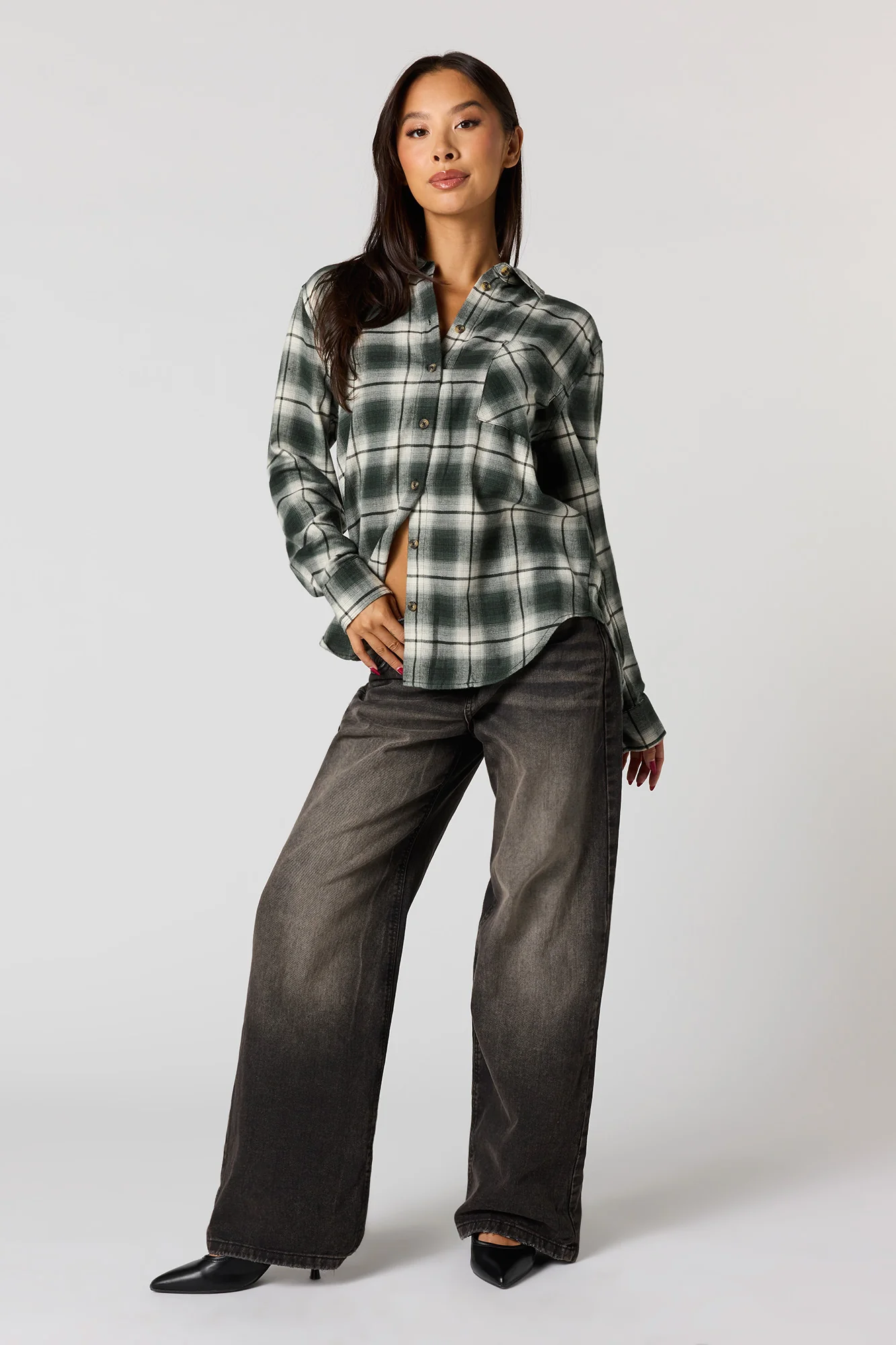 Embroidered Flannel Button-Up Top - Image 6