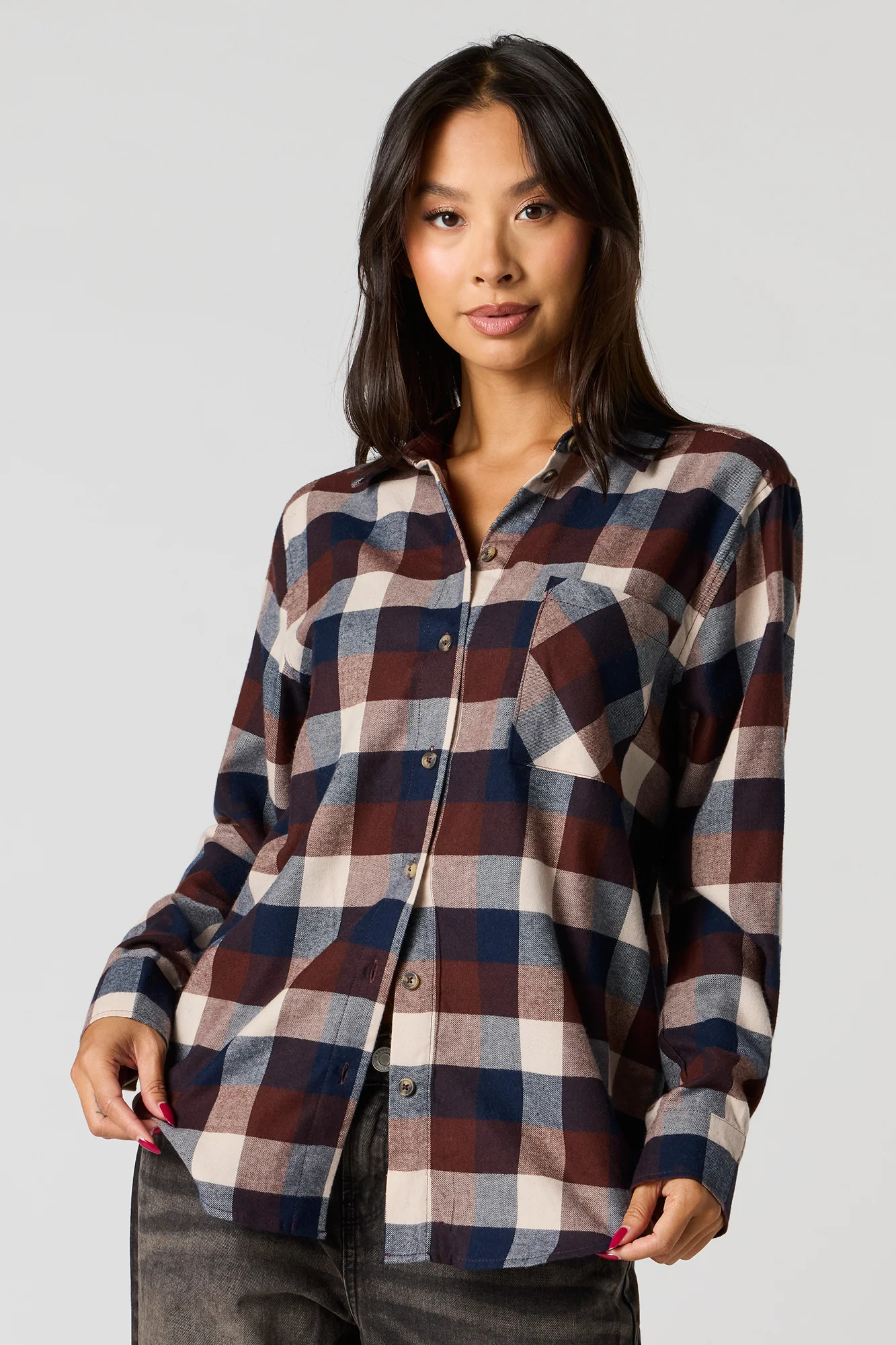 Embroidered Flannel Button-Up Top - Image 8