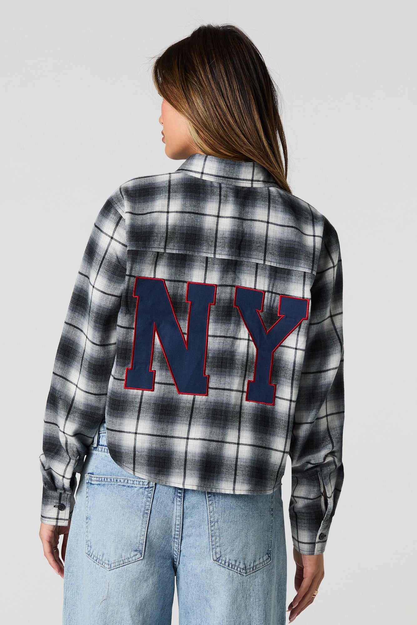 Twill Embroidered Plaid Cropped Button-Up Top - Image 4