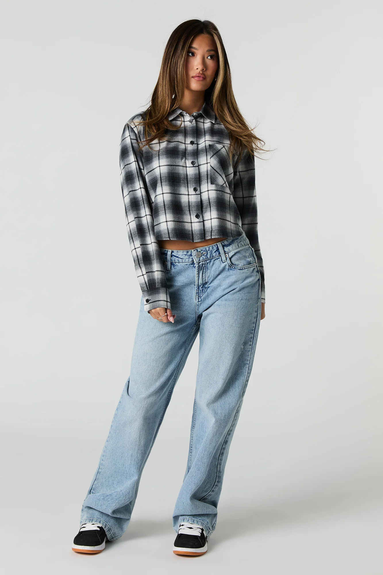 Twill Embroidered Plaid Cropped Button-Up Top - Image 6