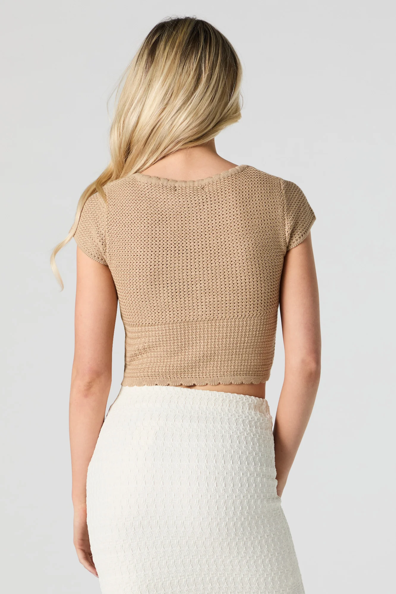 Scalloped Knit Button Front Crop Top - Image 2