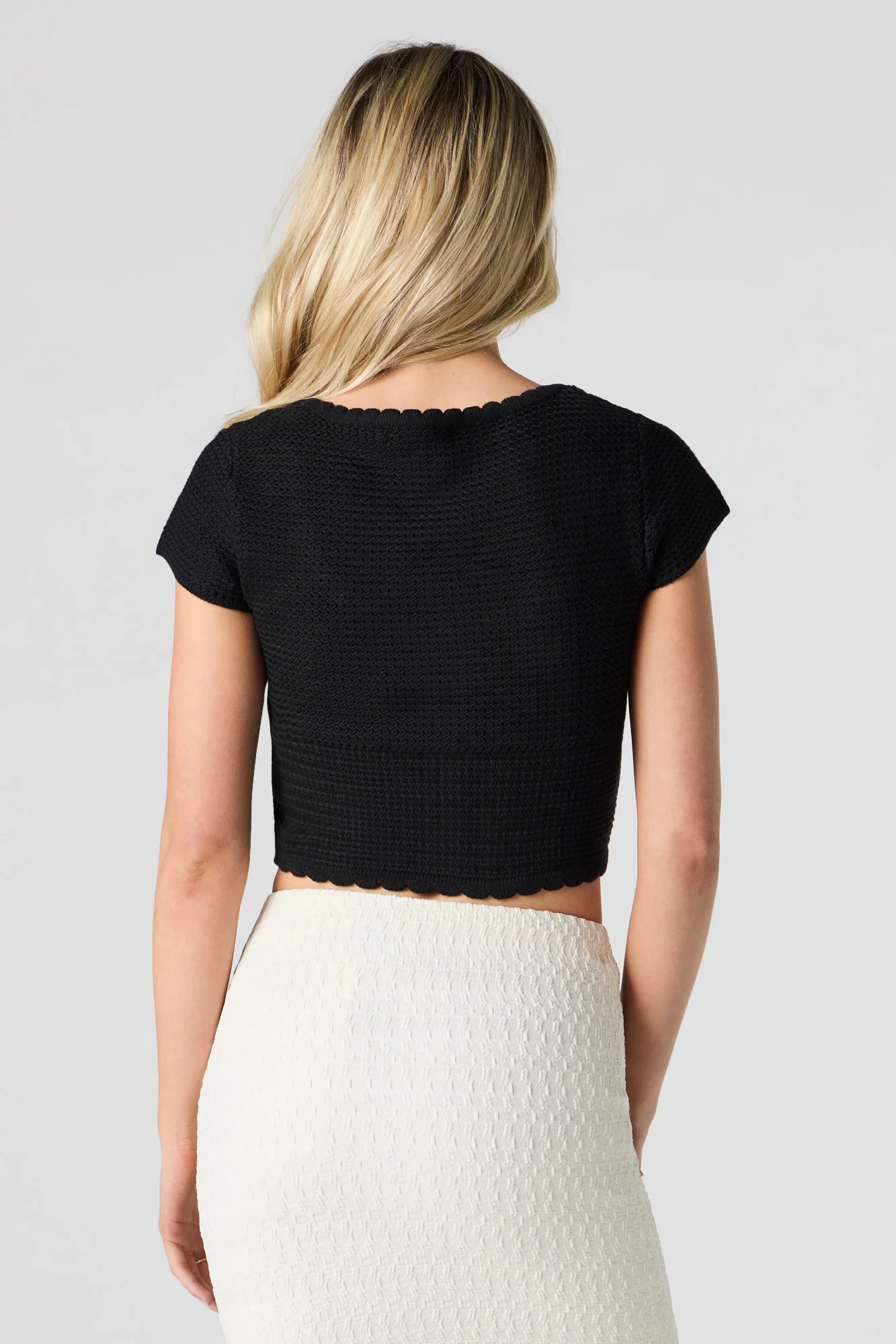 Scalloped Knit Button Front Crop Top - Image 5