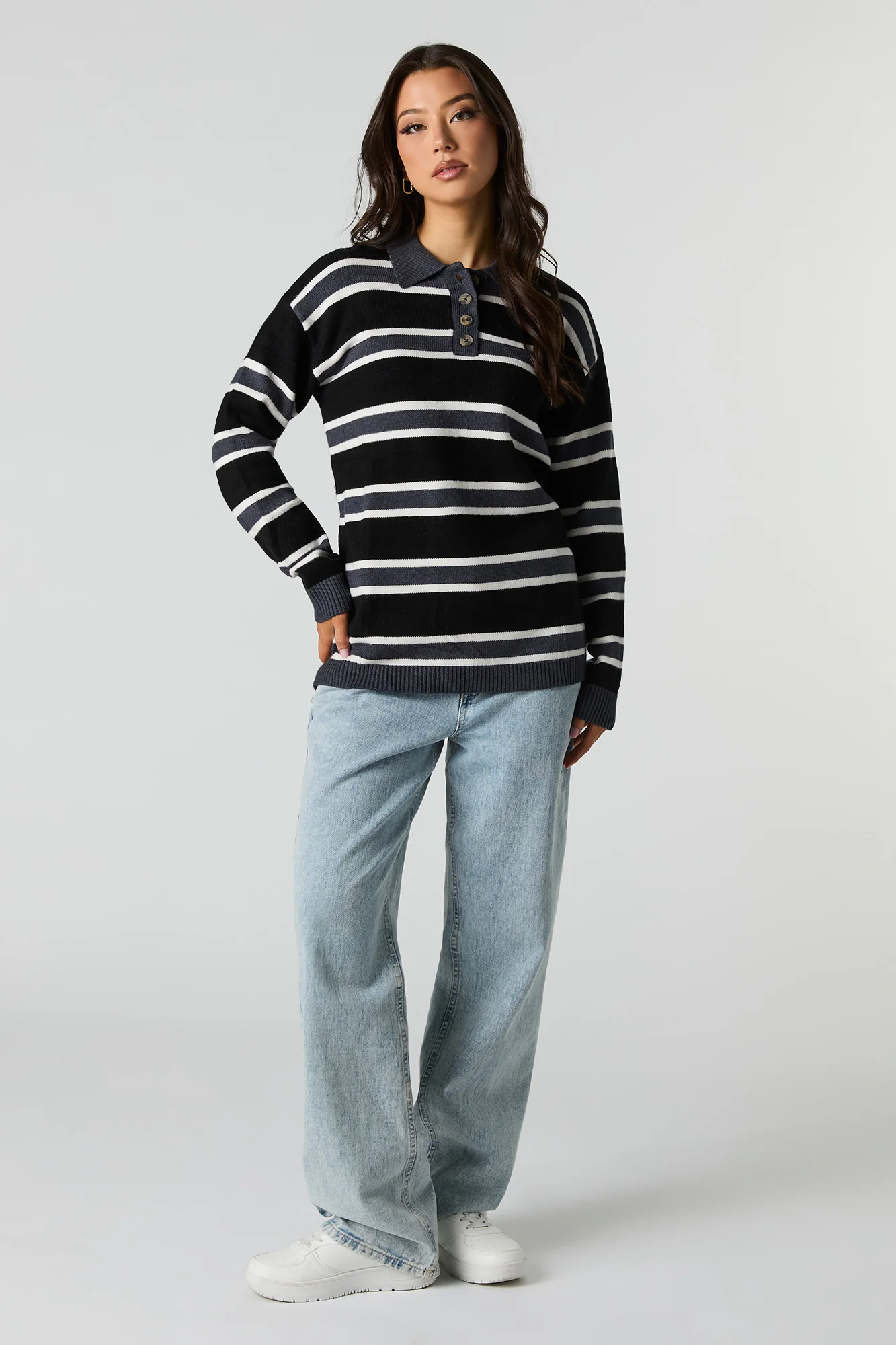Knit Button-Up Collared Long Sleeve Top - Image 10