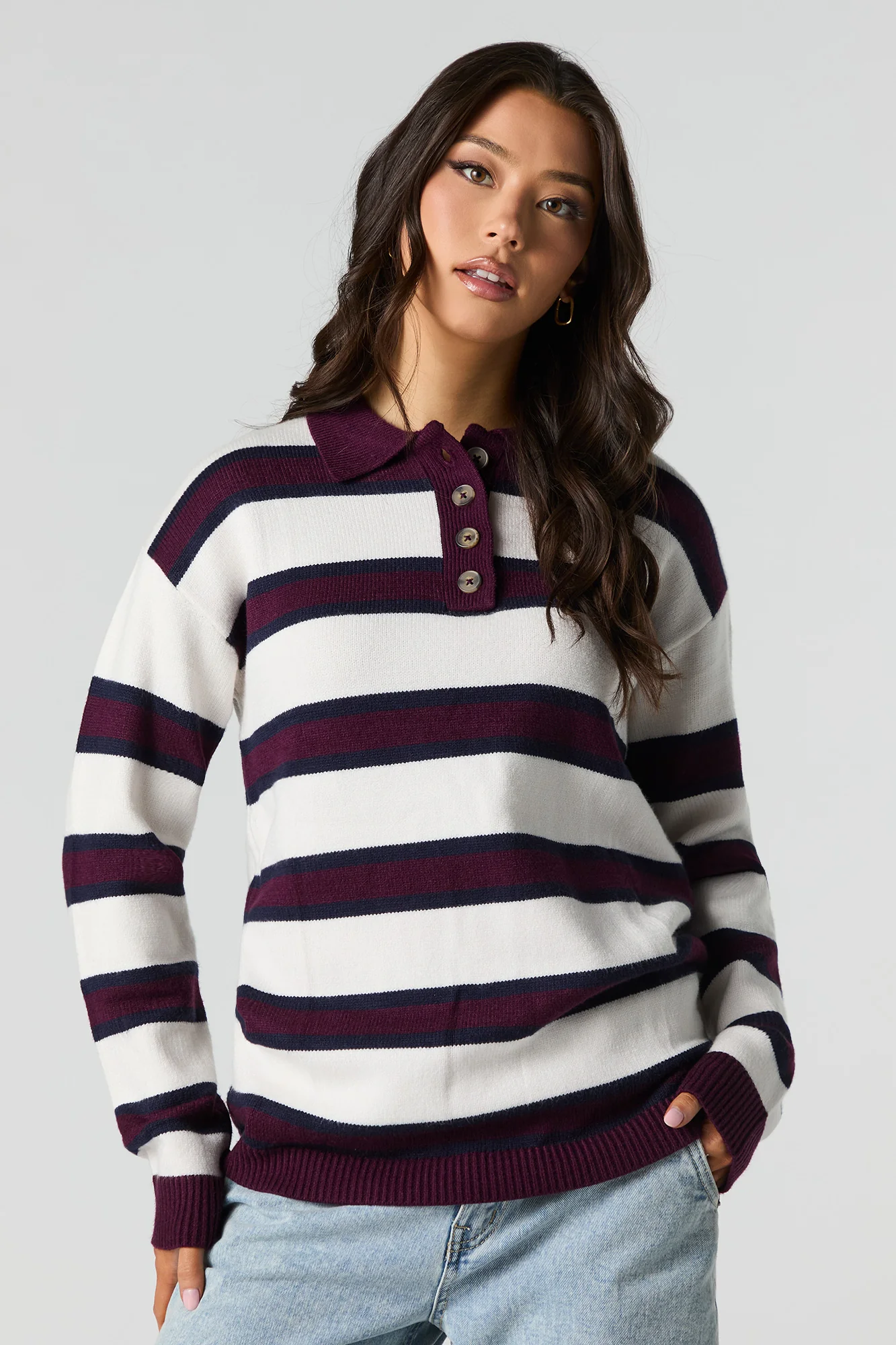Knit Button-Up Collared Long Sleeve Top - Image 11