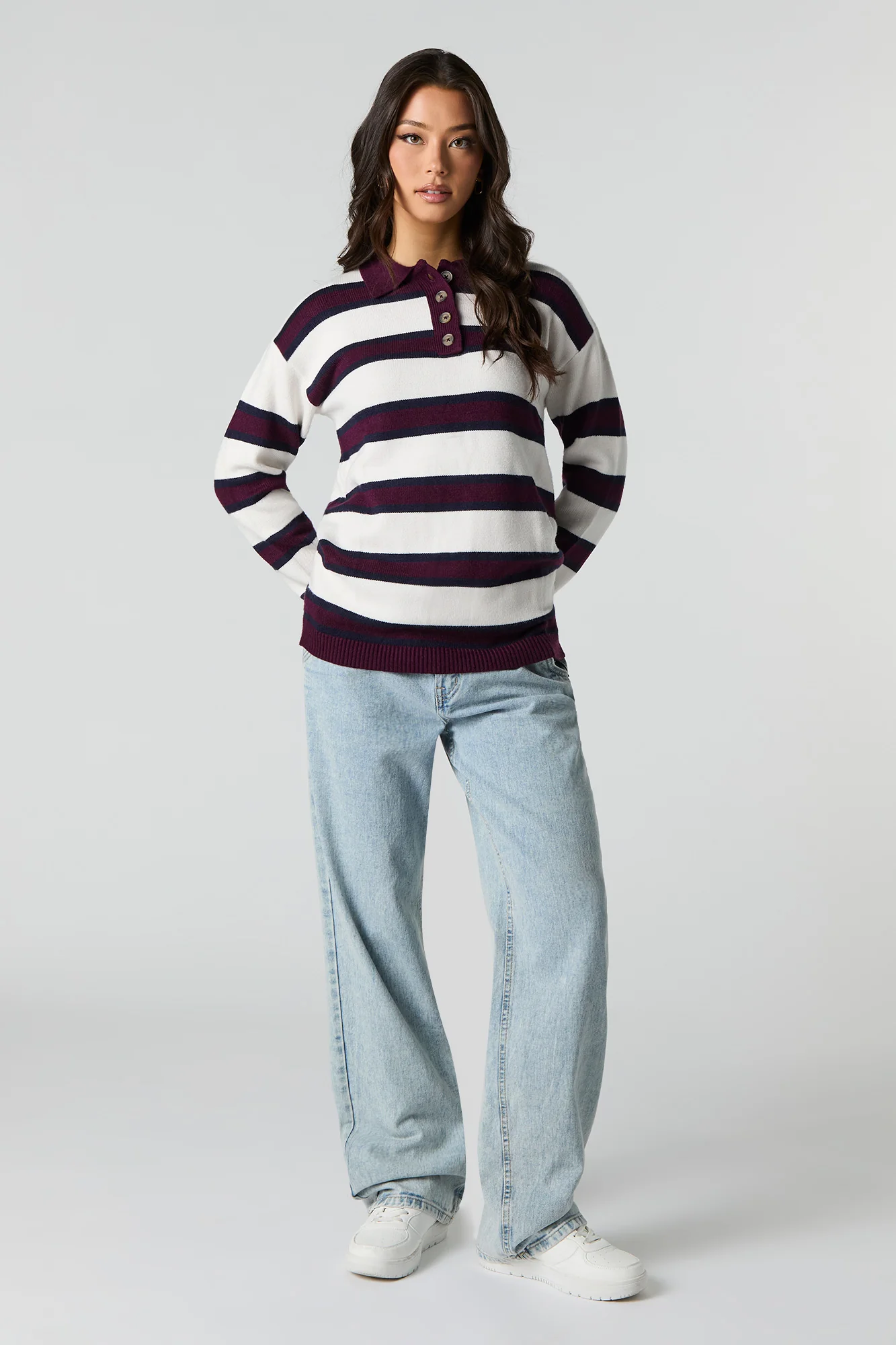 Knit Button-Up Collared Long Sleeve Top - Image 13