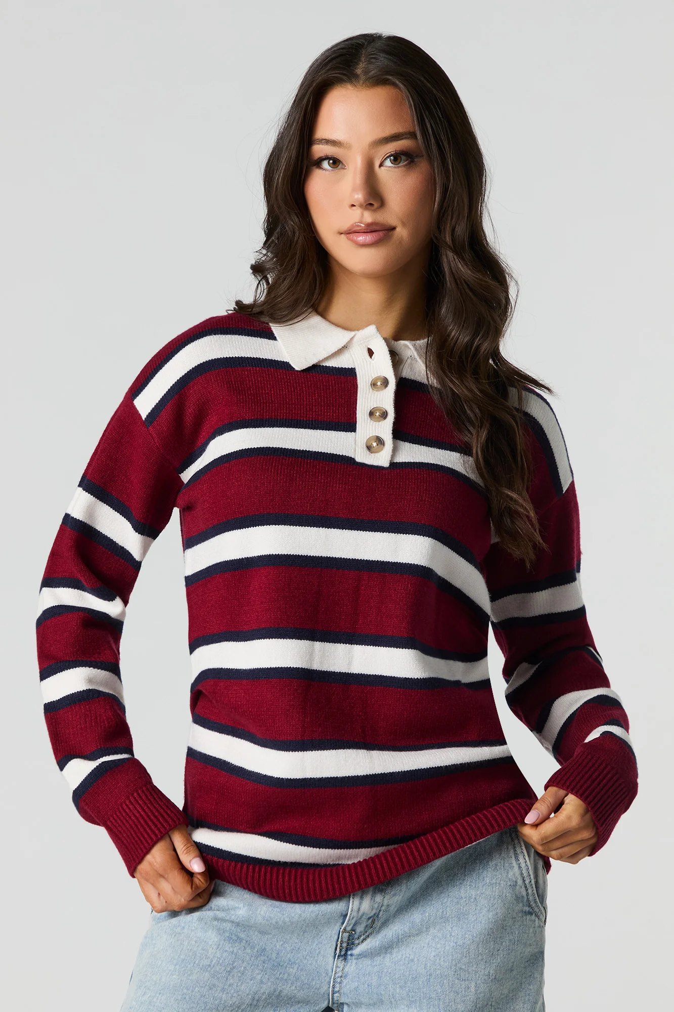 Knit Button-Up Collared Long Sleeve Top - Image 2