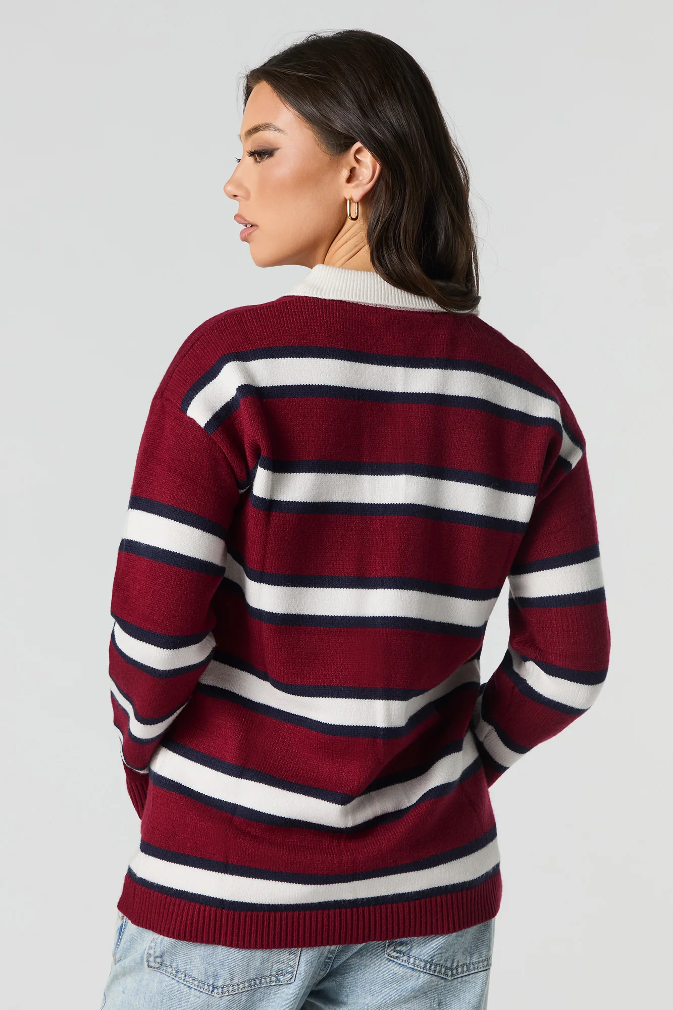 Knit Button-Up Collared Long Sleeve Top - Image 3