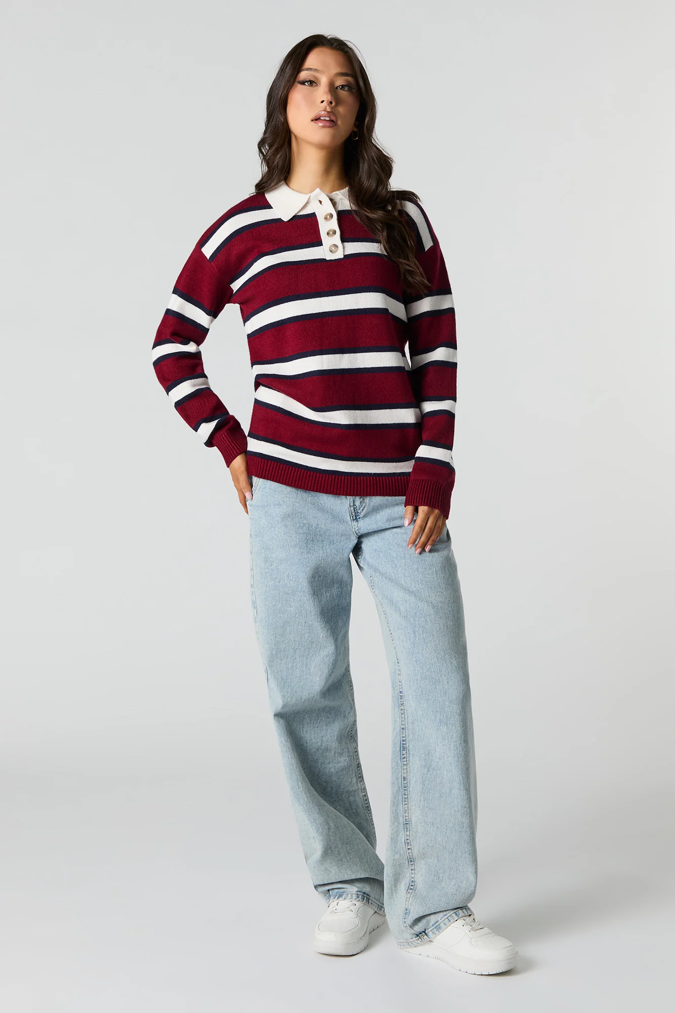 Knit Button-Up Collared Long Sleeve Top - Image 4