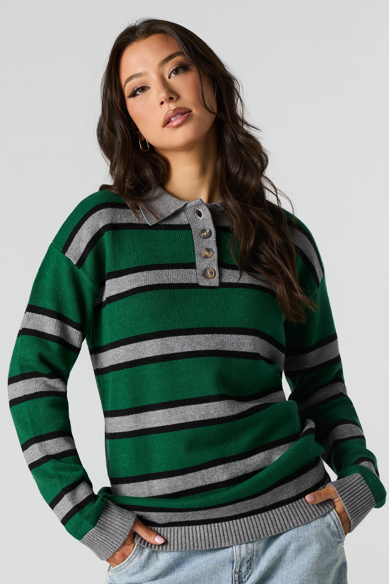 Knit Button-Up Collared Long Sleeve Top - Image 5