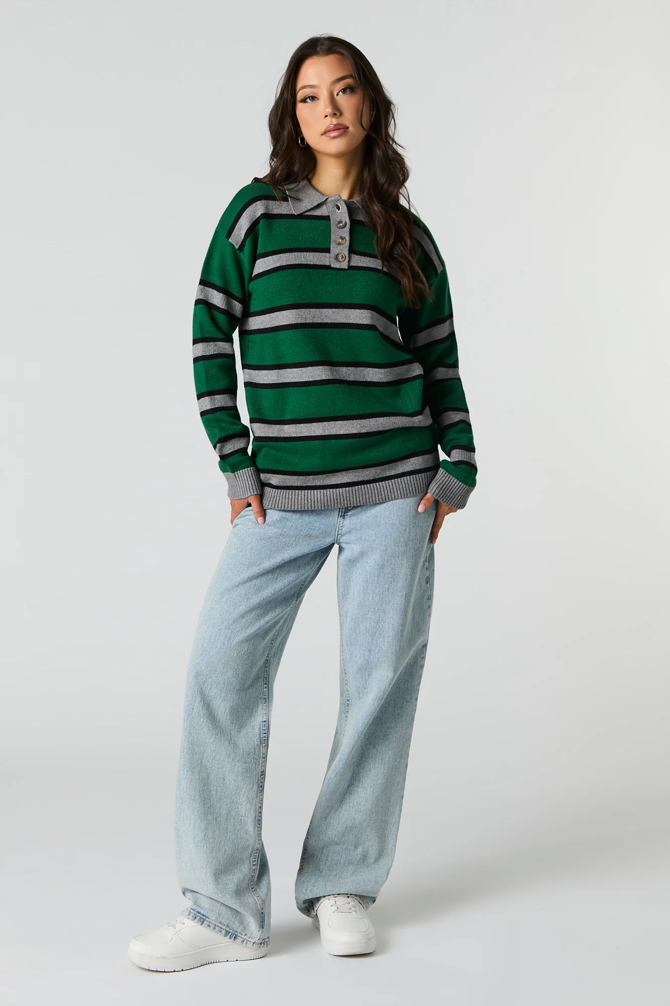 Knit Button-Up Collared Long Sleeve Top - Image 7
