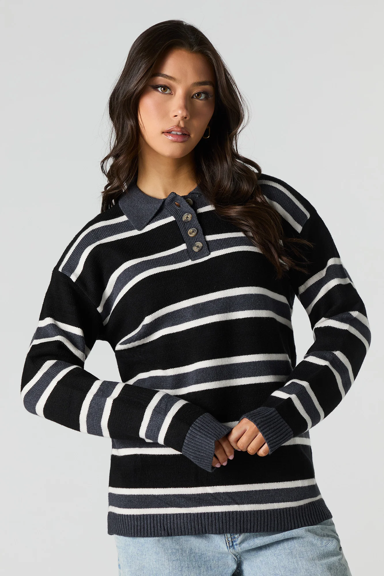 Knit Button-Up Collared Long Sleeve Top - Image 8