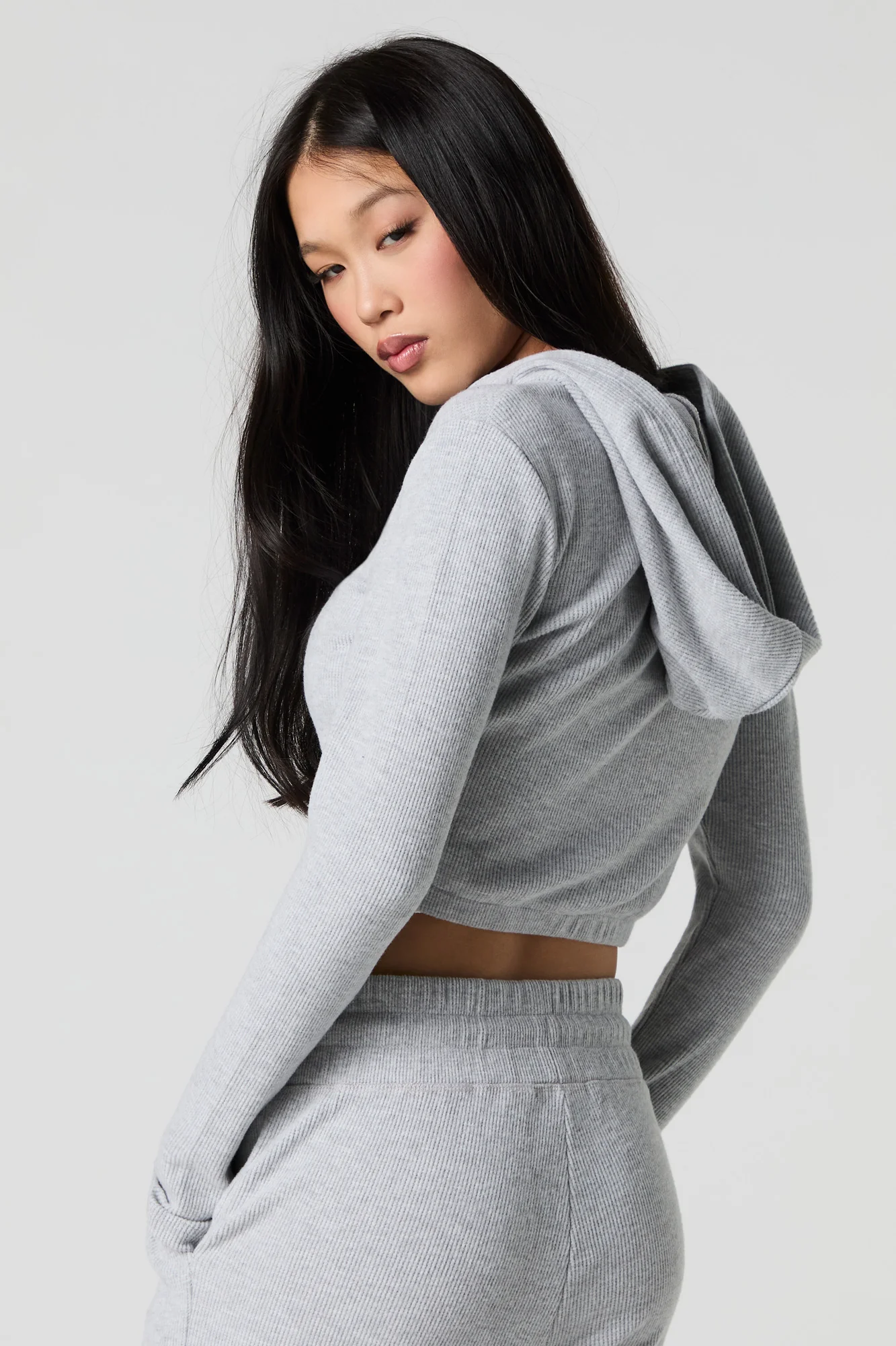 Ribbed Fleece Zip-Up Cropped Hoodie - Image 2