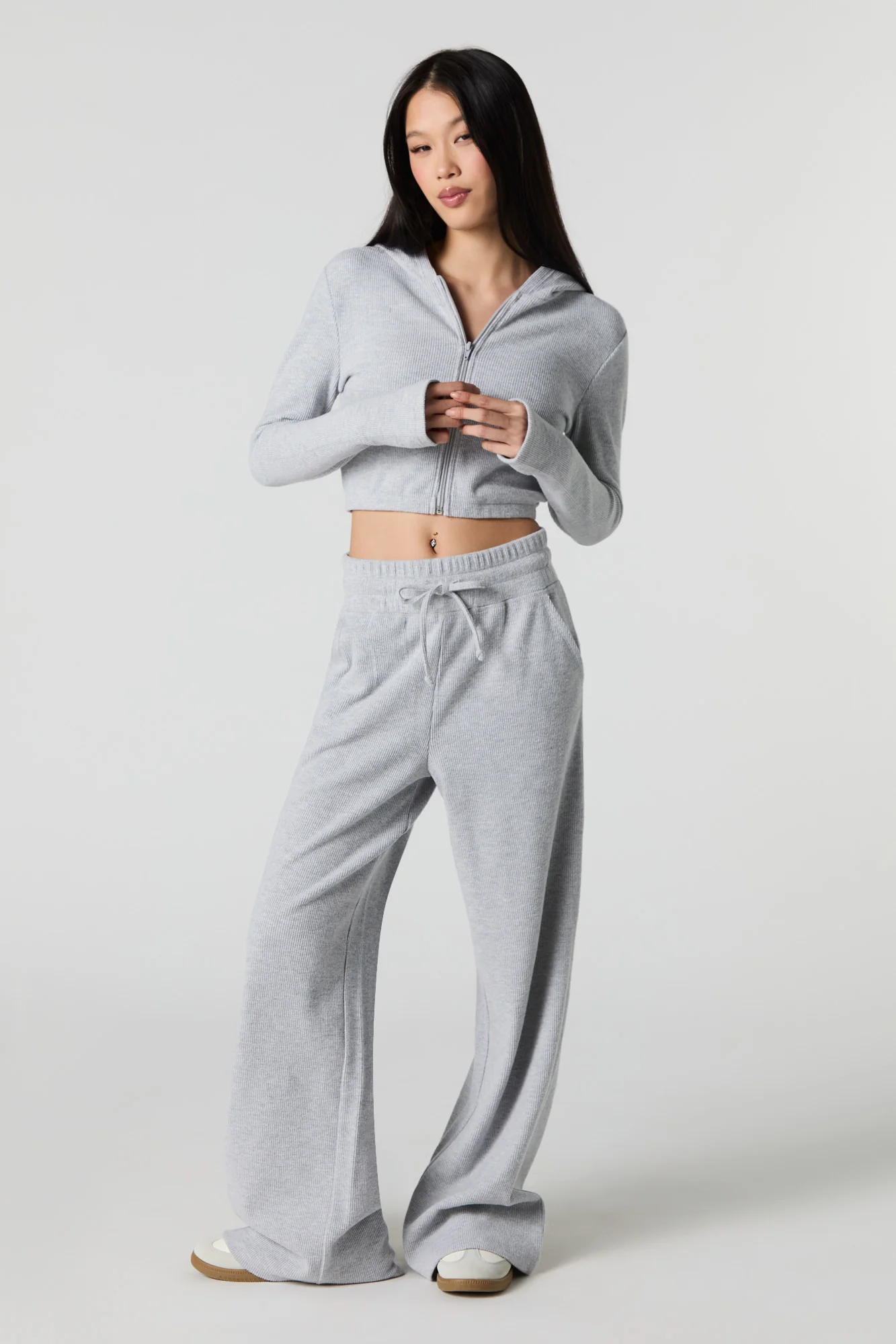 Ribbed Fleece Zip-Up Cropped Hoodie - Image 3