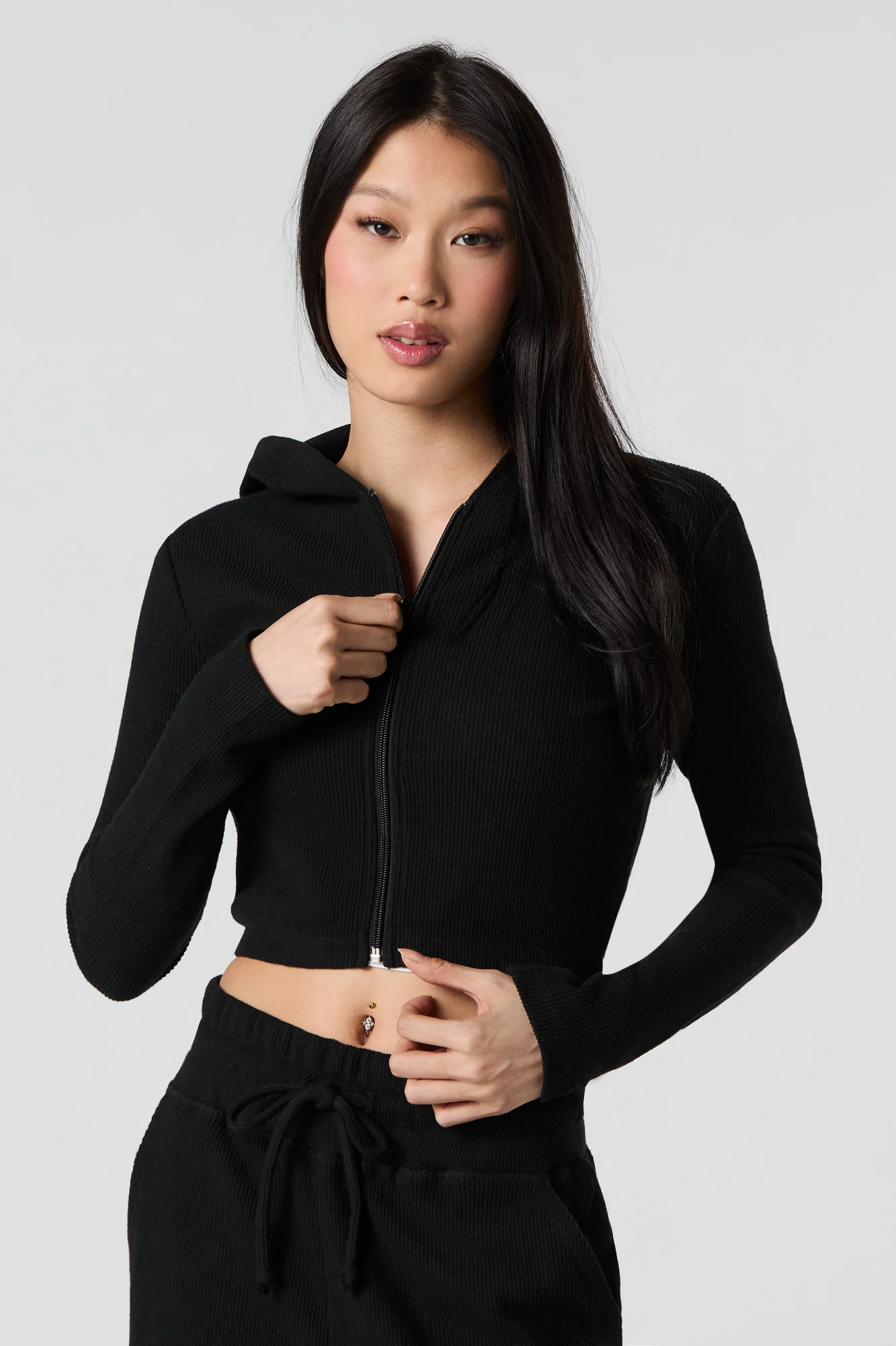 Ribbed Fleece Zip-Up Cropped Hoodie - Image 4