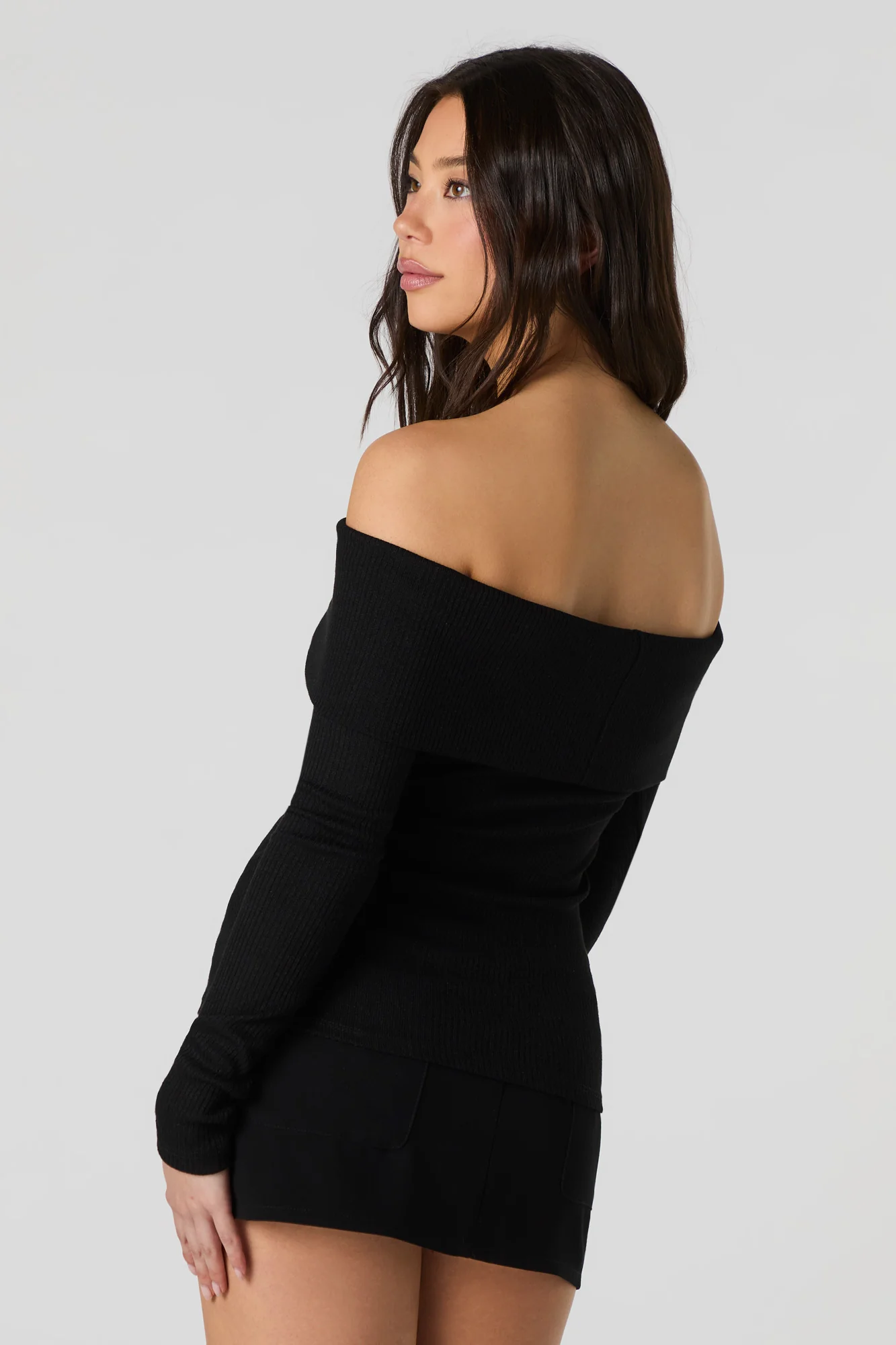 Haut en tricot côtelé à épaule dégagée et manche longue - Image 3