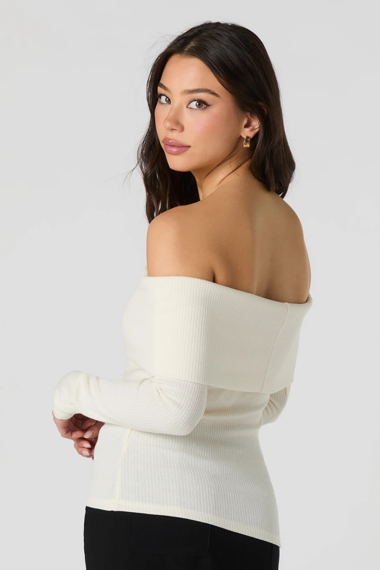 Haut en tricot côtelé à épaule dégagée et manche longue - Image 6