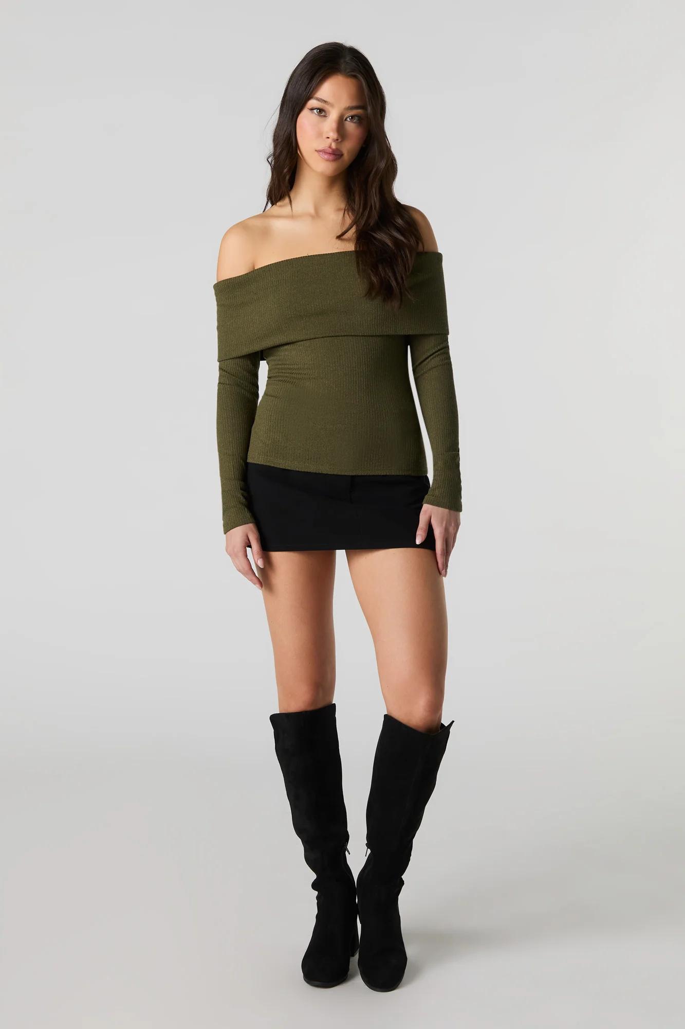 Ribbed Knit Off Shoulder Long Sleeve Top - Image 12