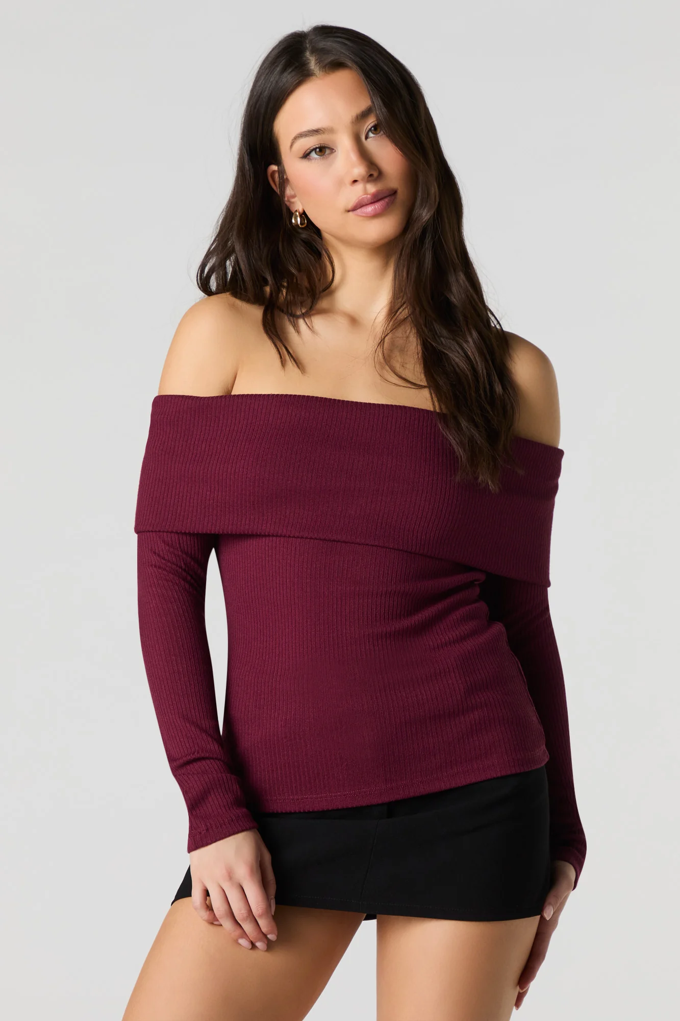 Ribbed Knit Off Shoulder Long Sleeve Top - Image 17