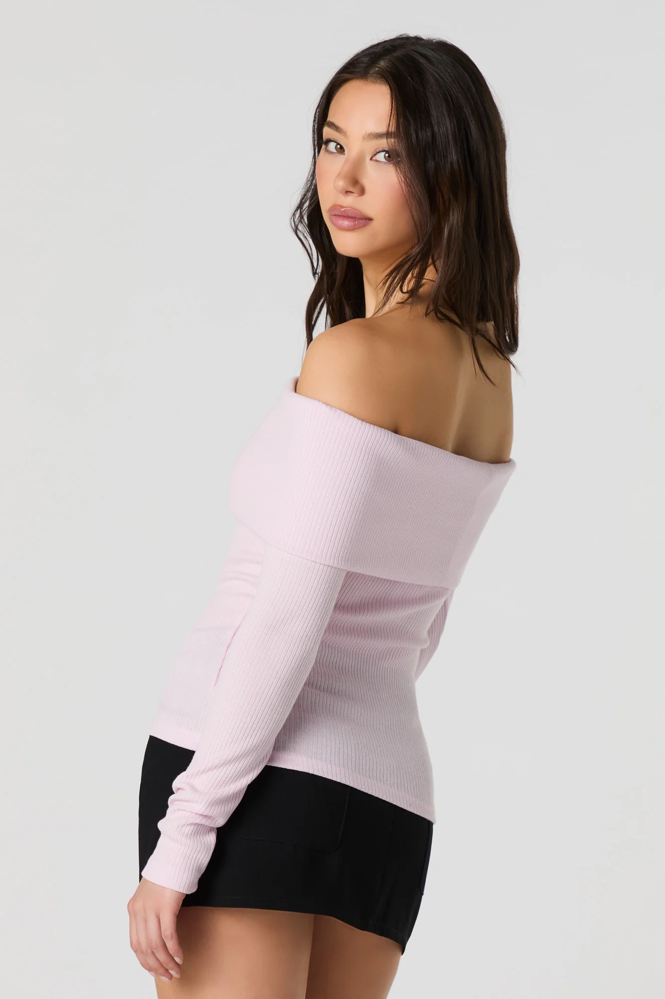 Ribbed Knit Off Shoulder Long Sleeve Top - Image 2