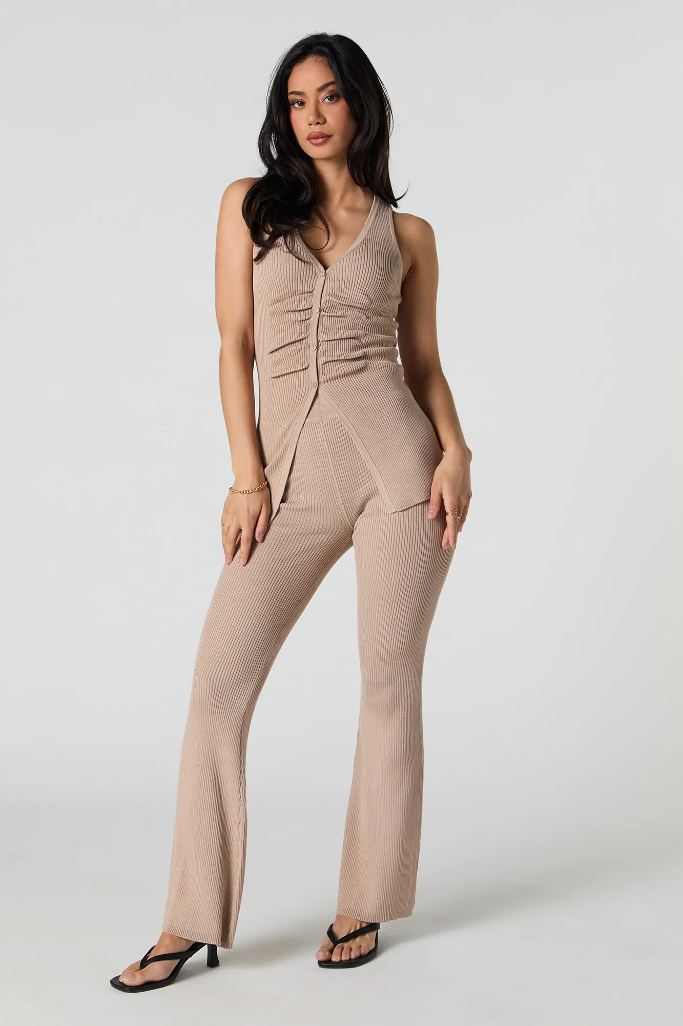 Ribbed Knit Button Front Ruched Tank - Image 3