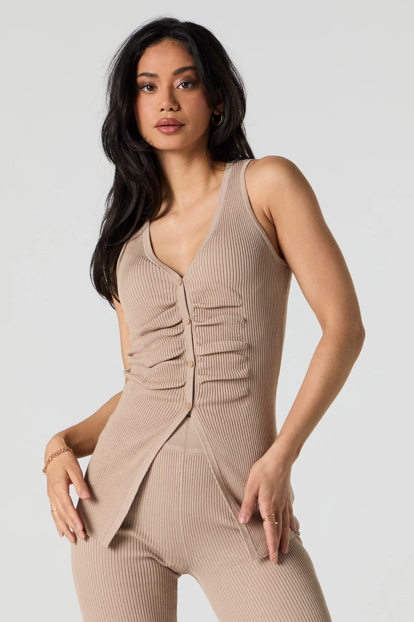 Ribbed Knit Button Front Ruched Tank - Image 4