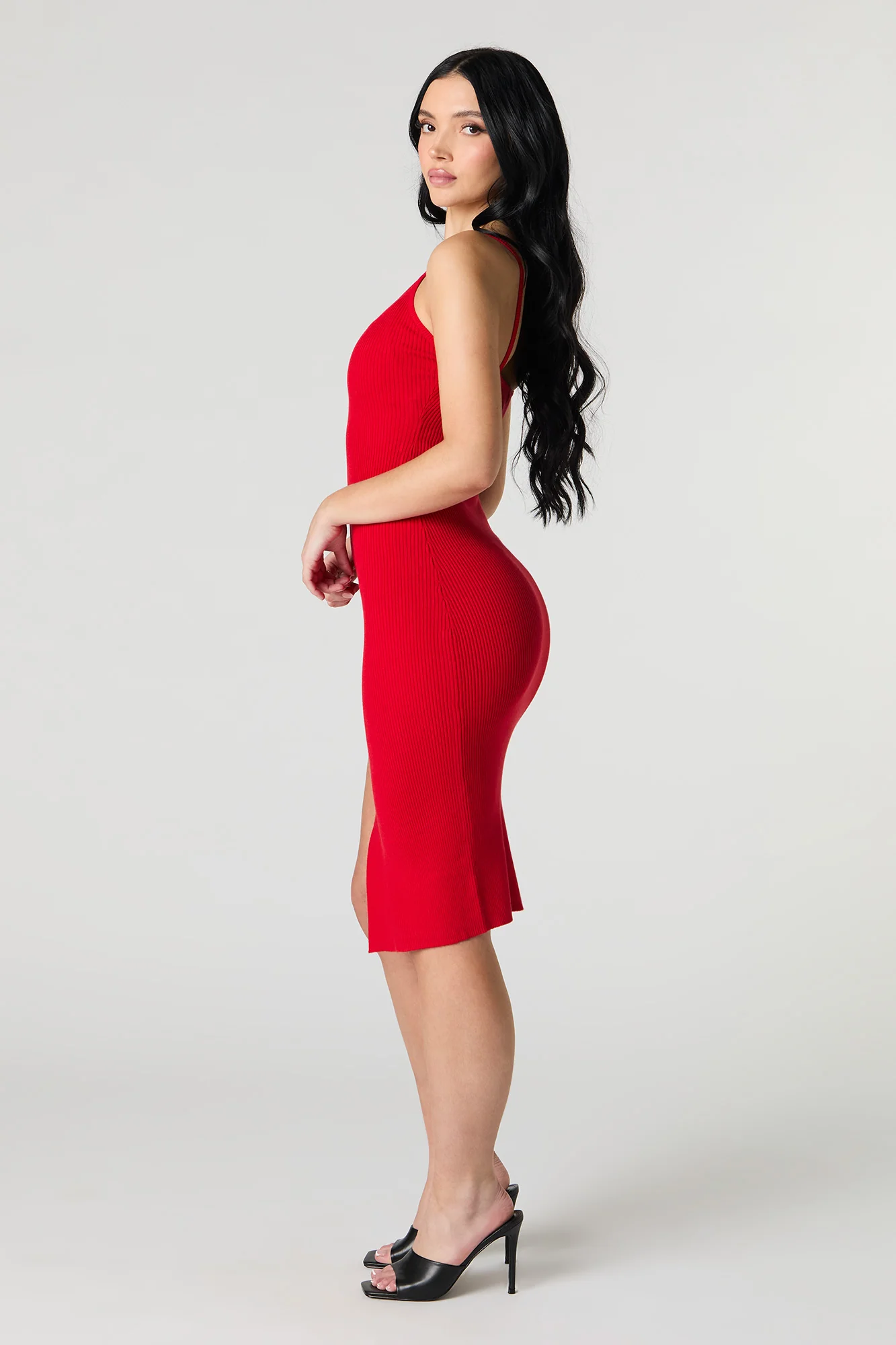 Robe midi en tricot côtelé avec encolure en V et fente - Image 5