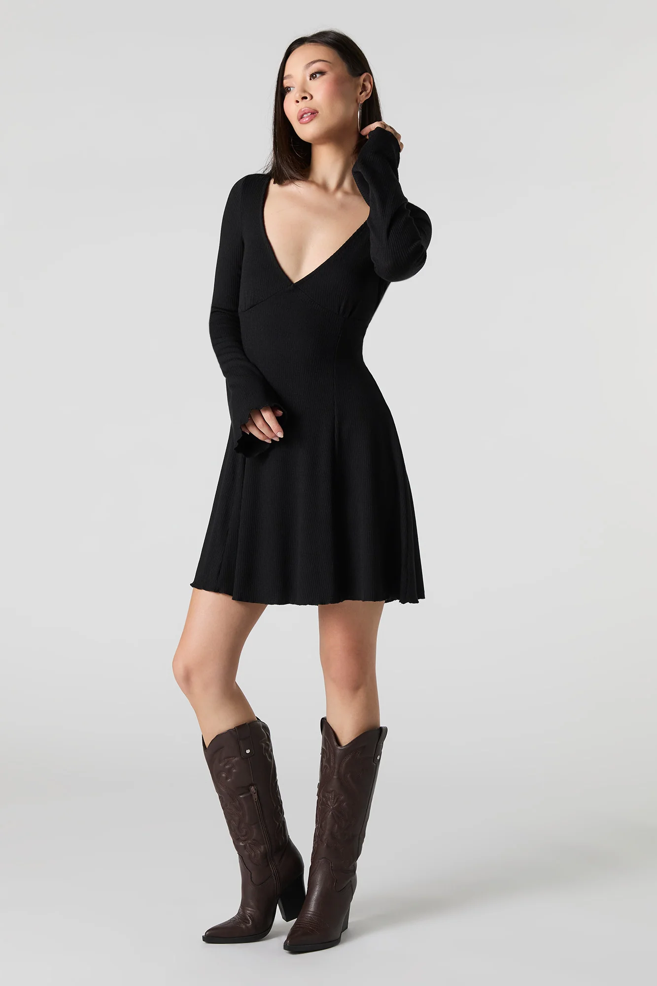 Knit Long Sleeve A-Line Mini Dress - Image 6