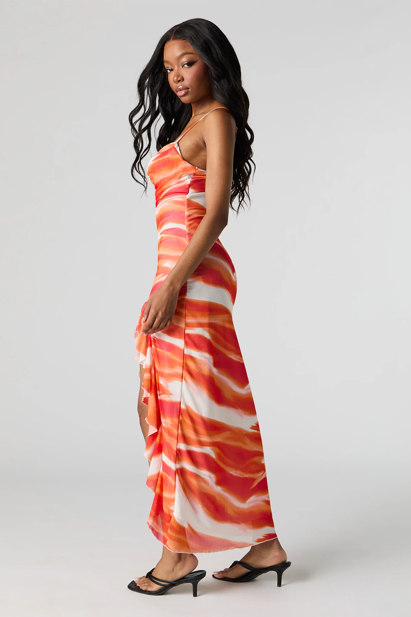 Mesh Cowl Neck Ruffle Slit Maxi Dress - Image 2