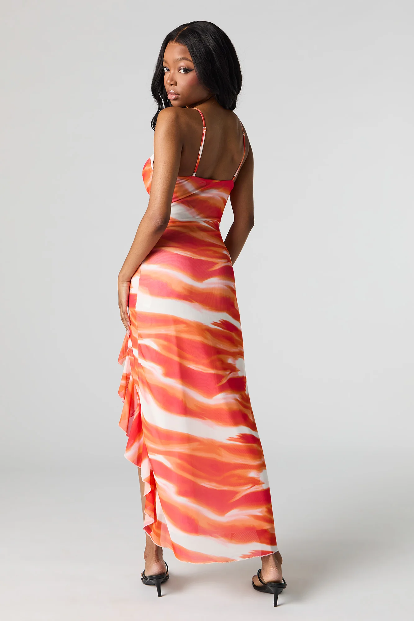 Mesh Cowl Neck Ruffle Slit Maxi Dress - Image 3