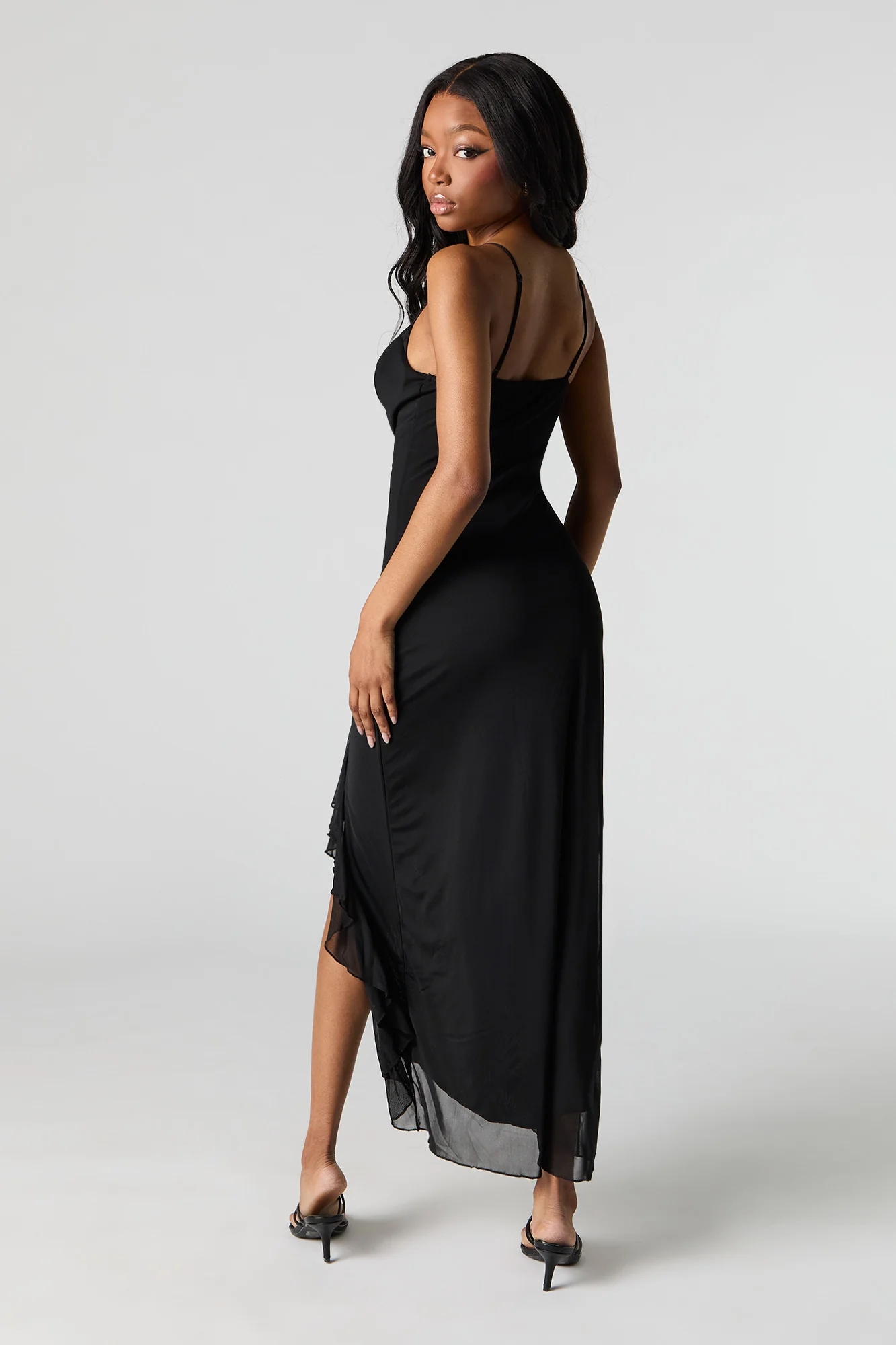 Mesh Cowl Neck Ruffle Slit Maxi Dress - Image 6