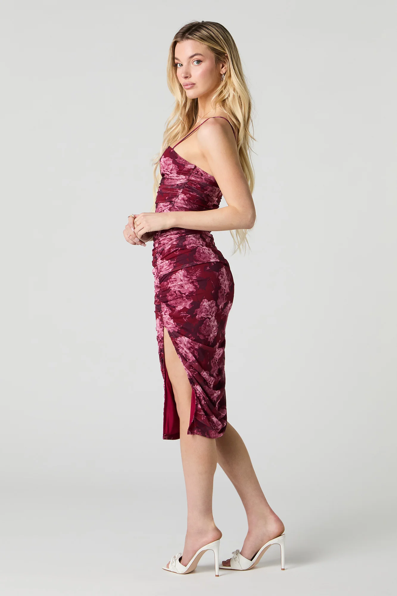 Printed Mesh Ruched Slit Midi Dress - Image 8