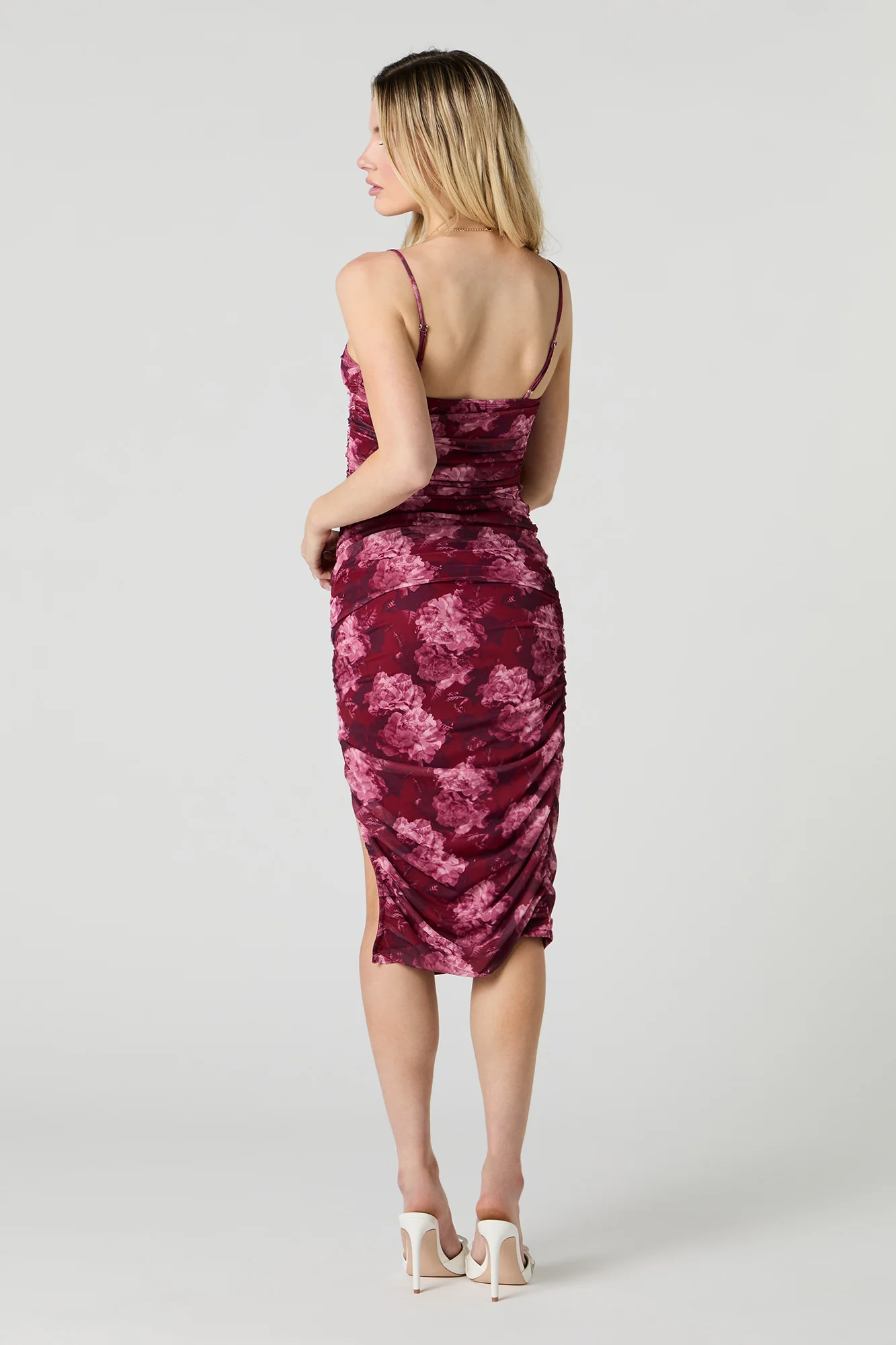 Printed Mesh Ruched Slit Midi Dress - Image 9