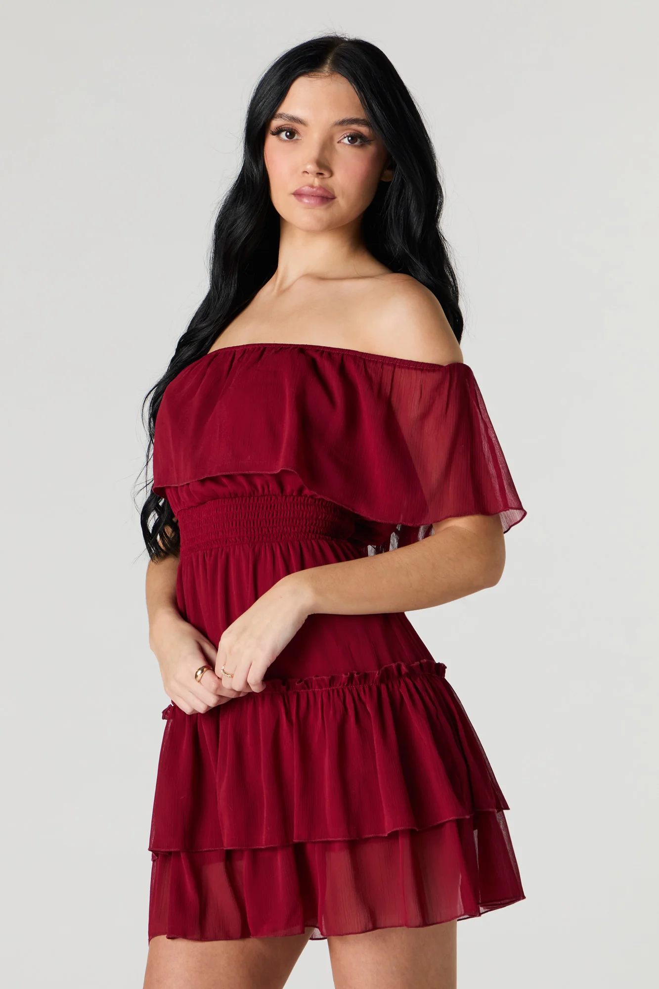 Chiffon Off Shoulder Tiered Mini Dress - Image 10