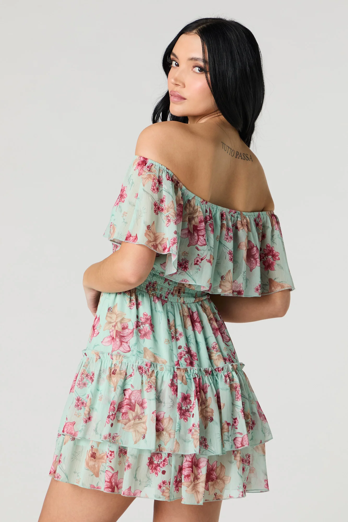 Chiffon Off Shoulder Tiered Mini Dress - Image 8