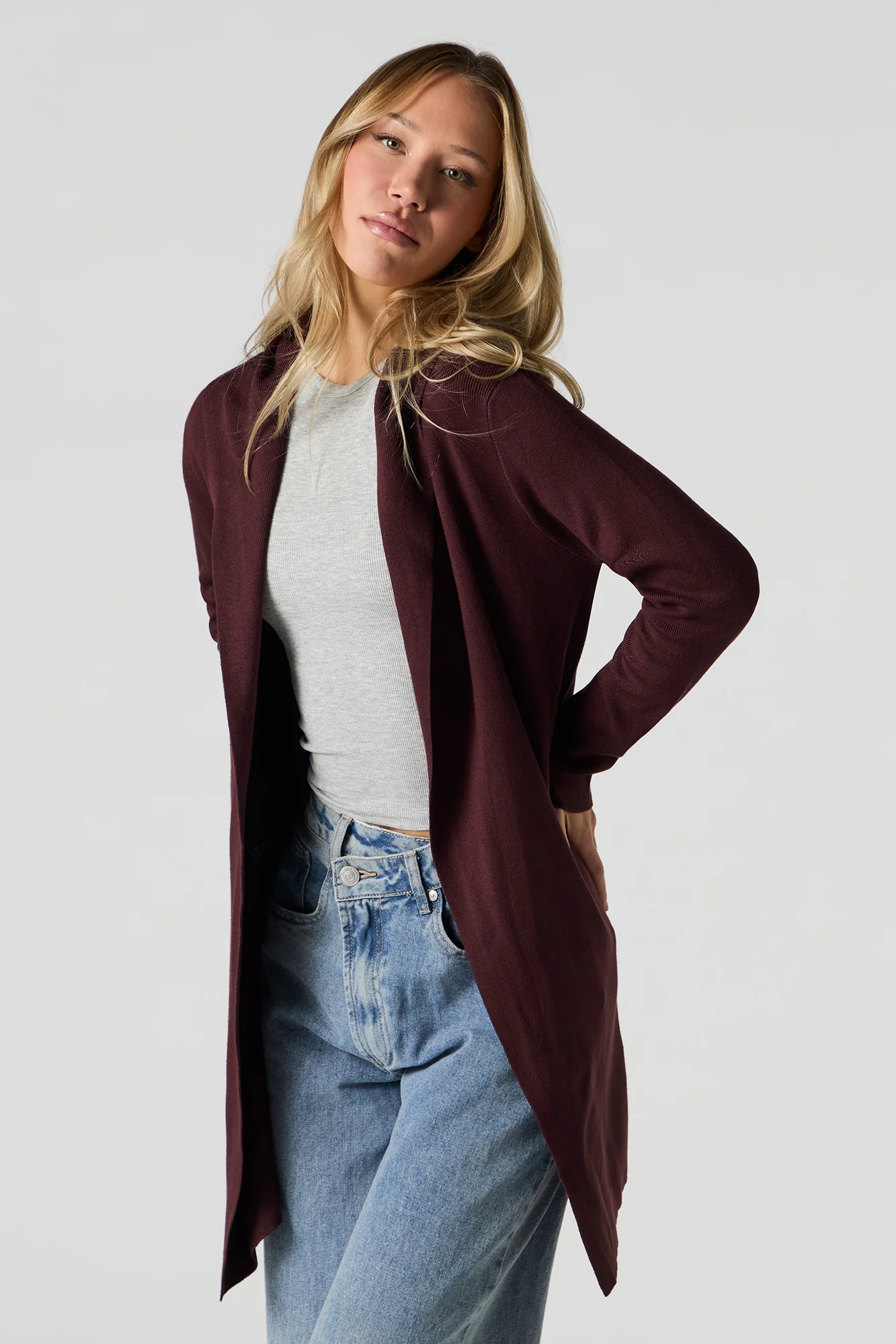 Cardigan ouvert long à capuchon