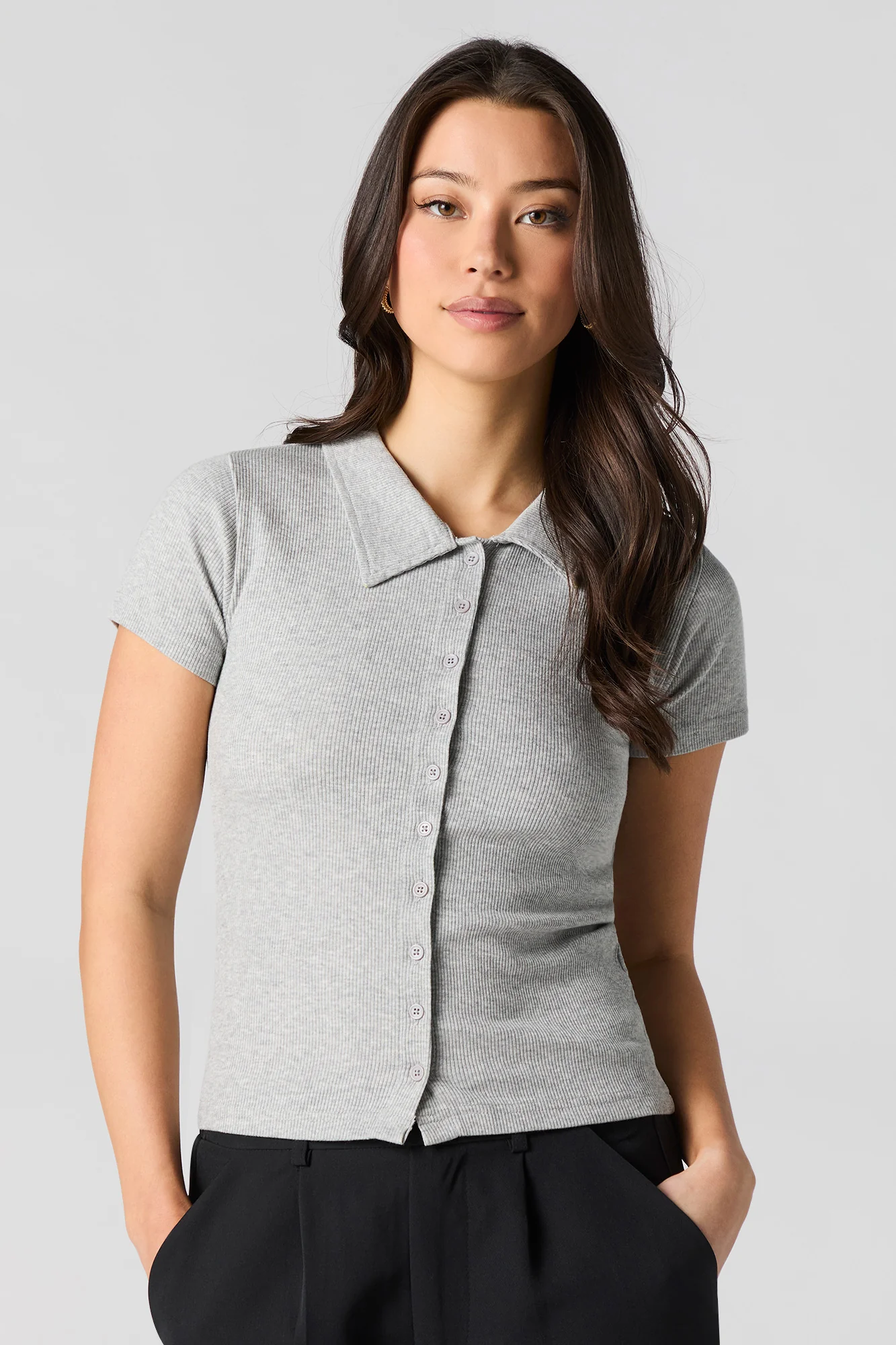 Ribbed Collared Button-Up Short Sleeve Top
