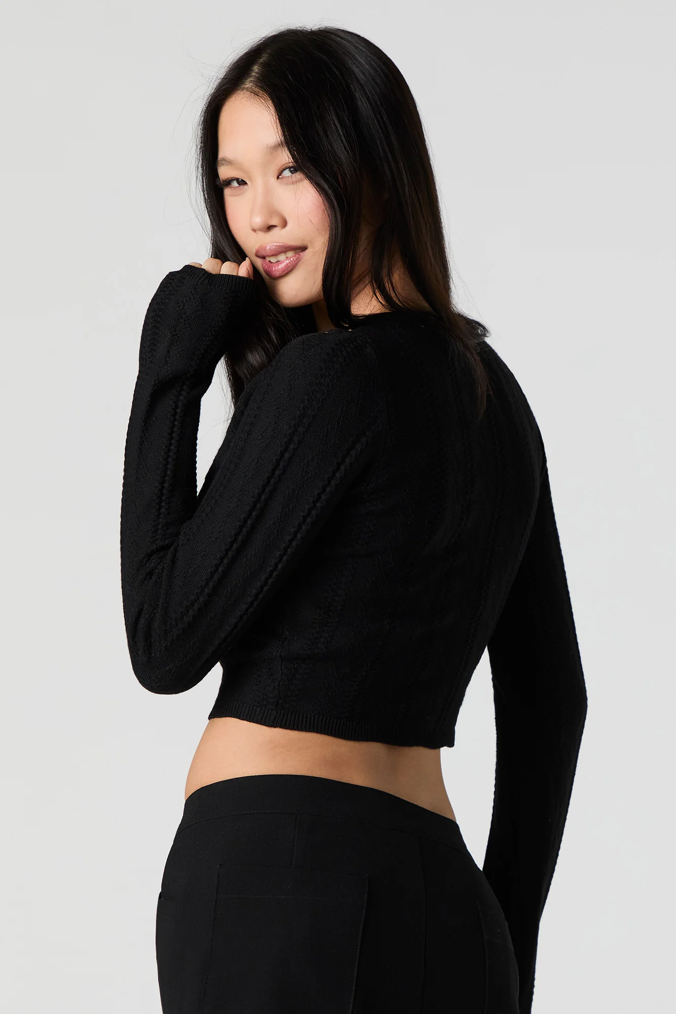 Textured Pointelle Knit Cropped Cardigan - Image 2