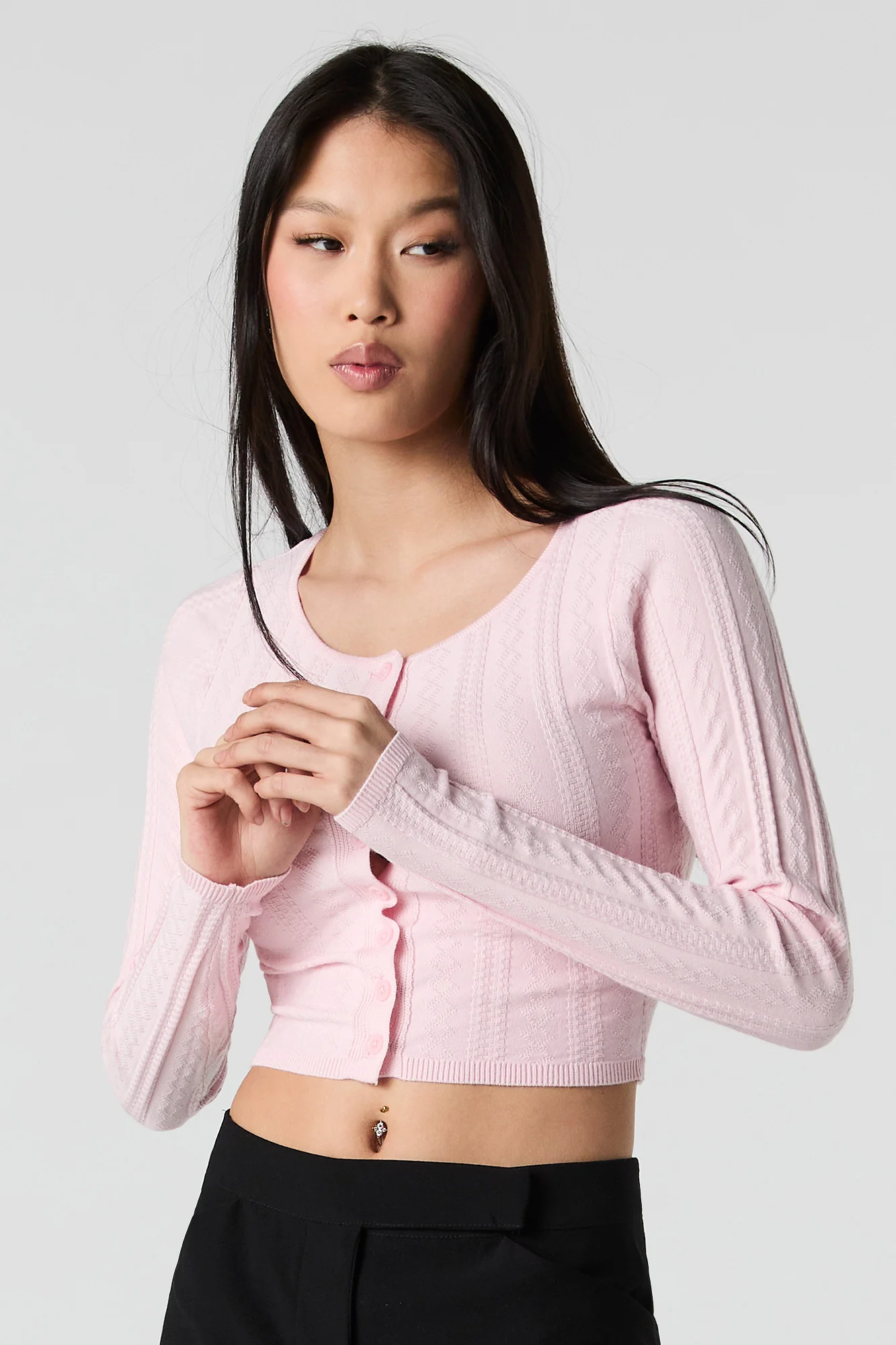 Textured Pointelle Knit Cropped Cardigan - Image 4