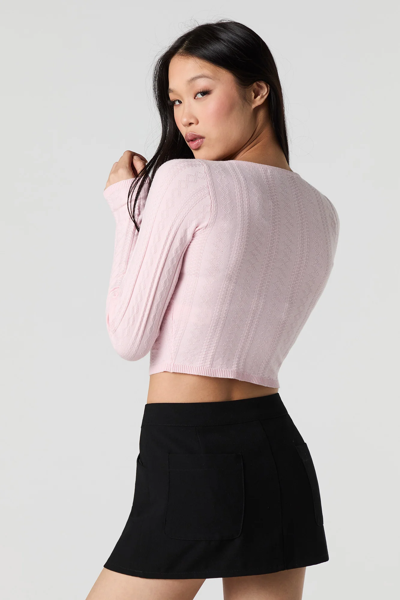 Textured Pointelle Knit Cropped Cardigan - Image 5
