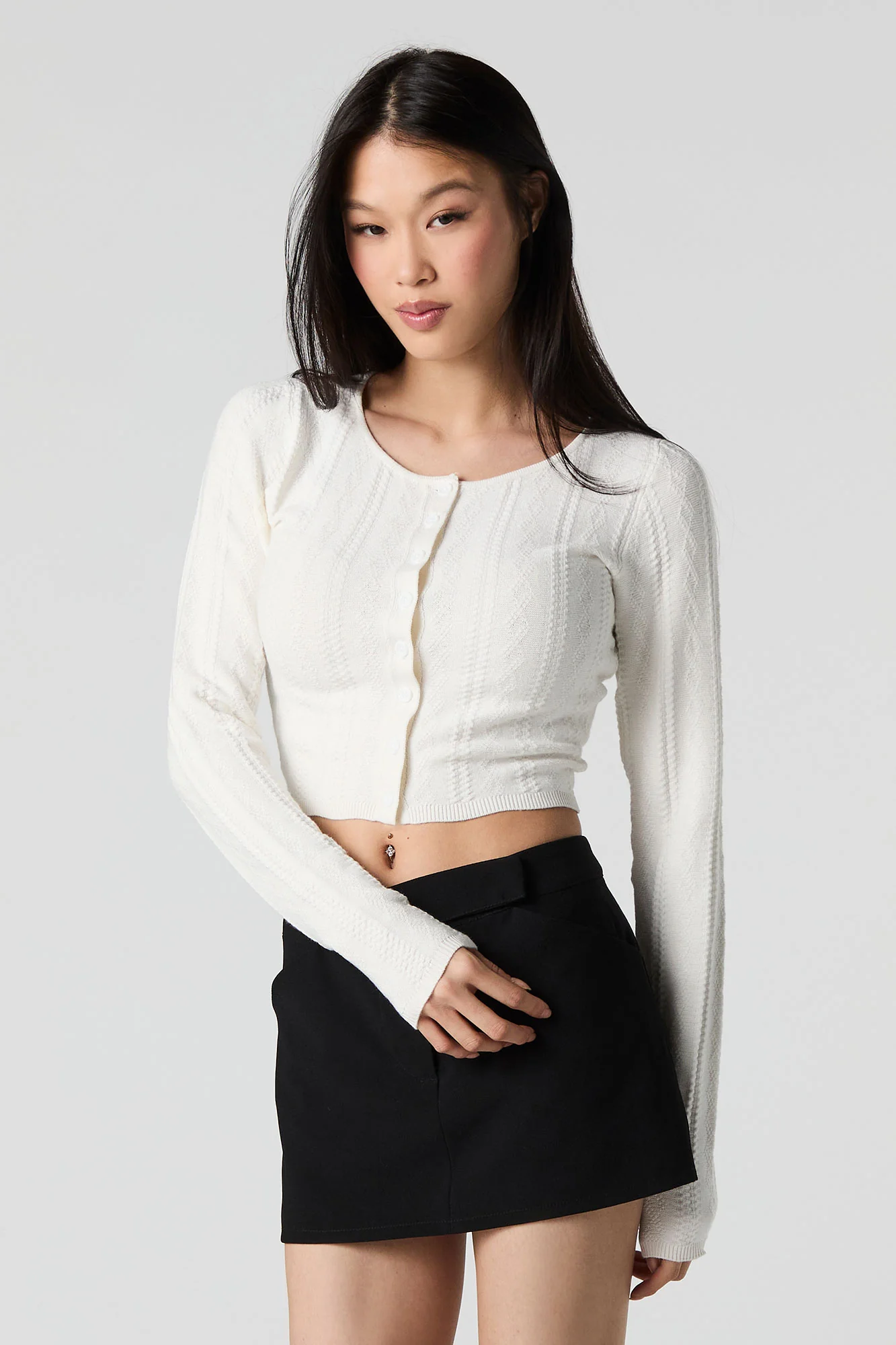 Textured Pointelle Knit Cropped Cardigan - Image 7