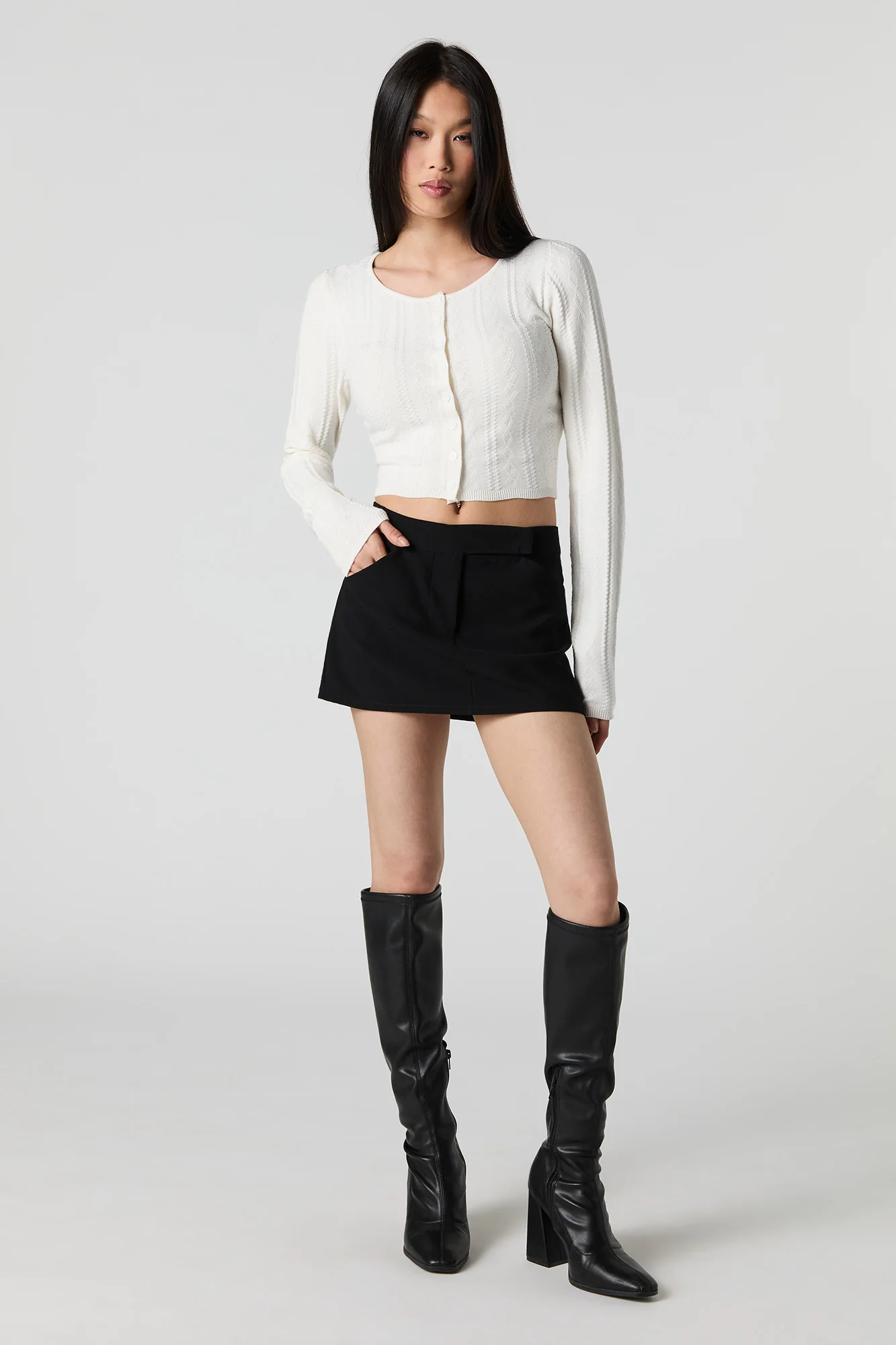 Textured Pointelle Knit Cropped Cardigan - Image 9