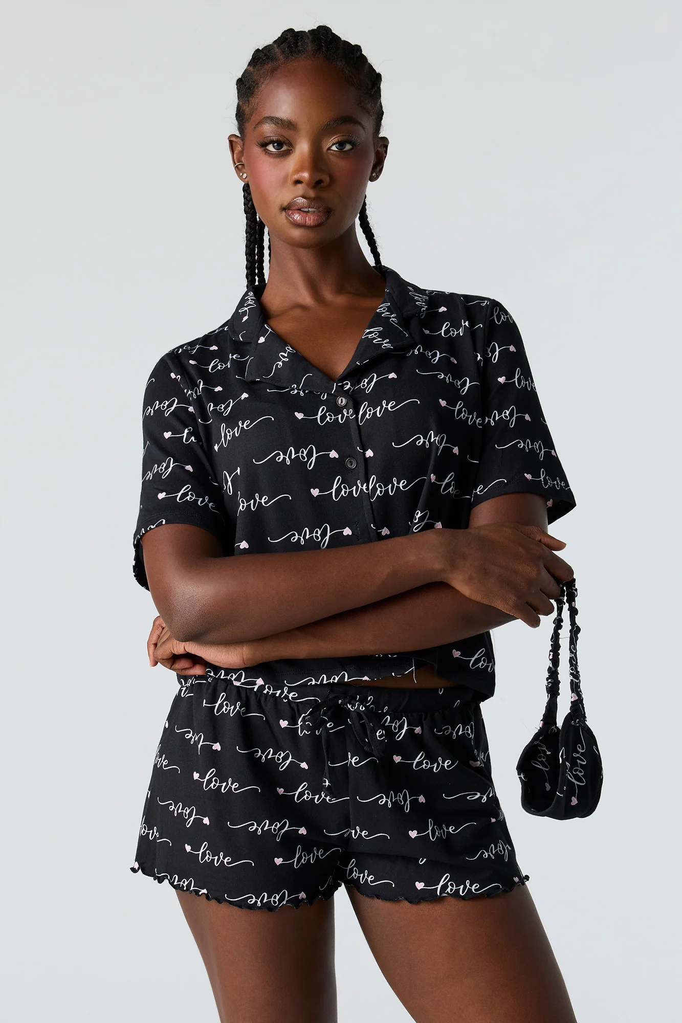 Button-Up Top & Short & Eye Mask Pajama Set - Image 4