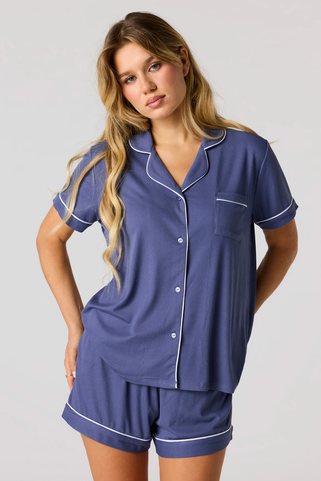 Ribbed Button-Up Top & Short Pajama Set - Image 10