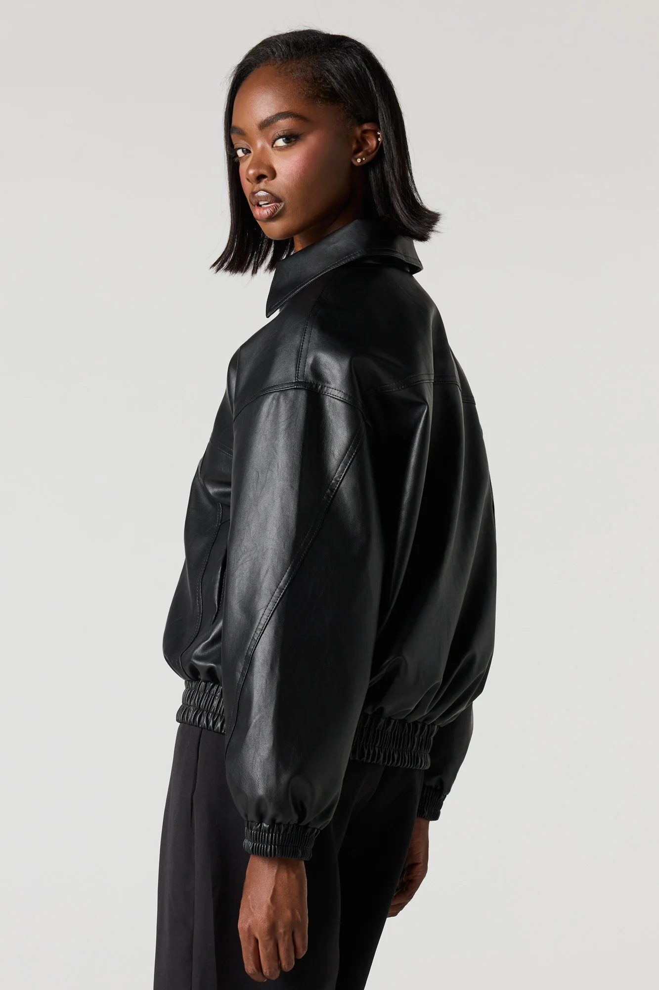 Faux Leather Collared Bomber Jacket - Image 6